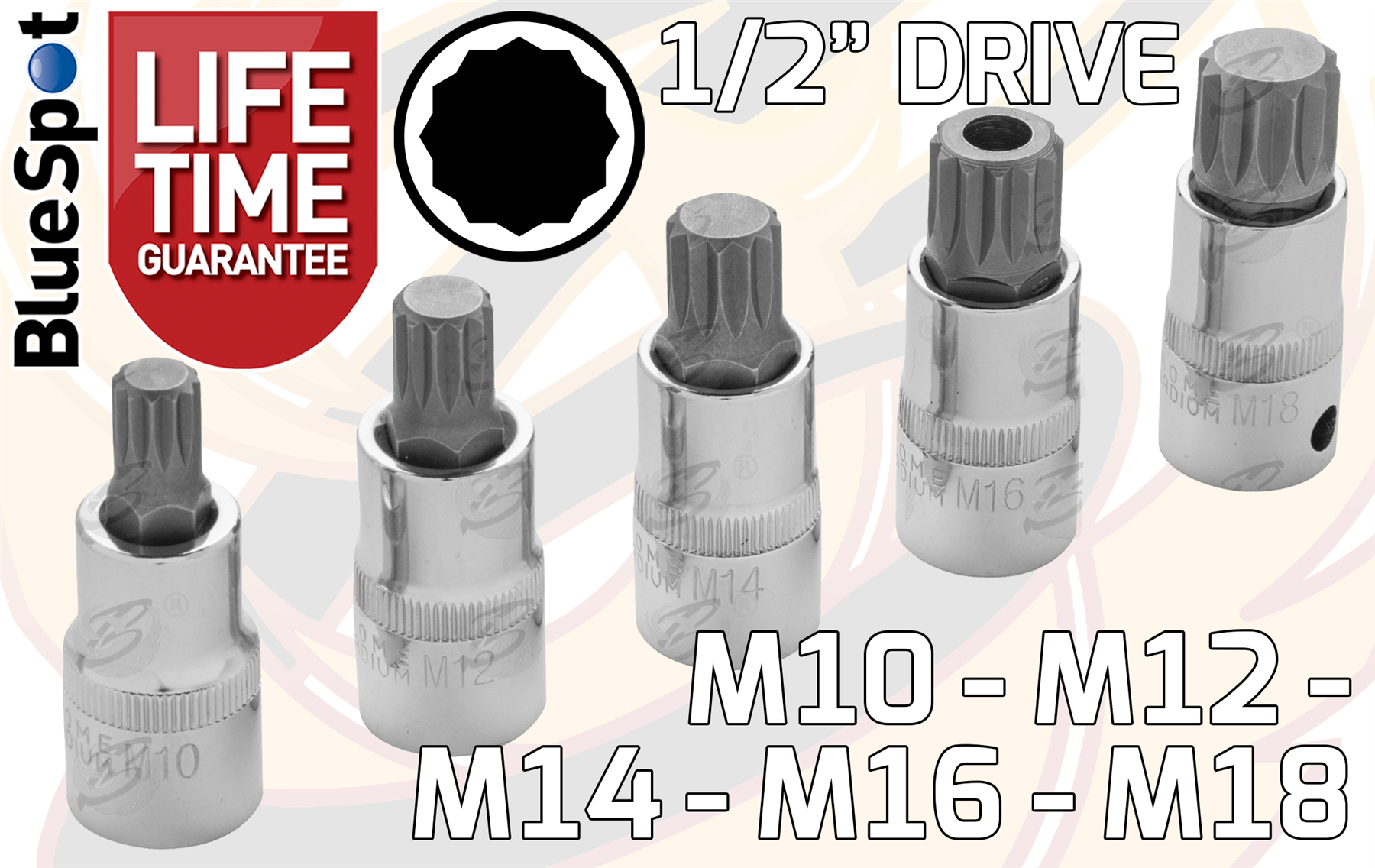 BlueSpot 5 Piece 1/2" Drive Spline Bit Sockets ( M10 - M18 ) ( 01509 )