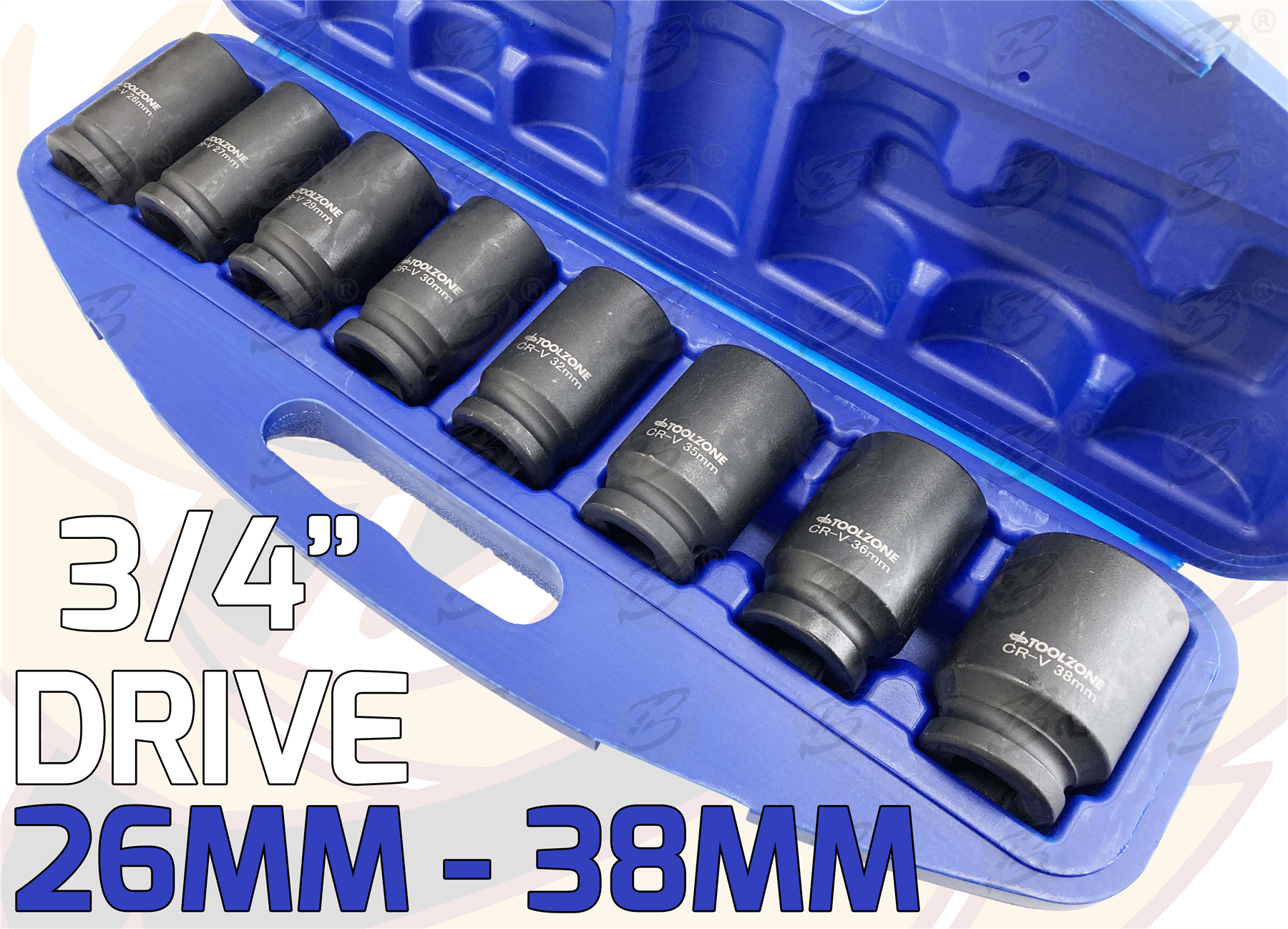 Toolzone 8 Piece 3/4" Drive 6 Point Deep Impact Sockets 26mm - 38mm ( SS130 )