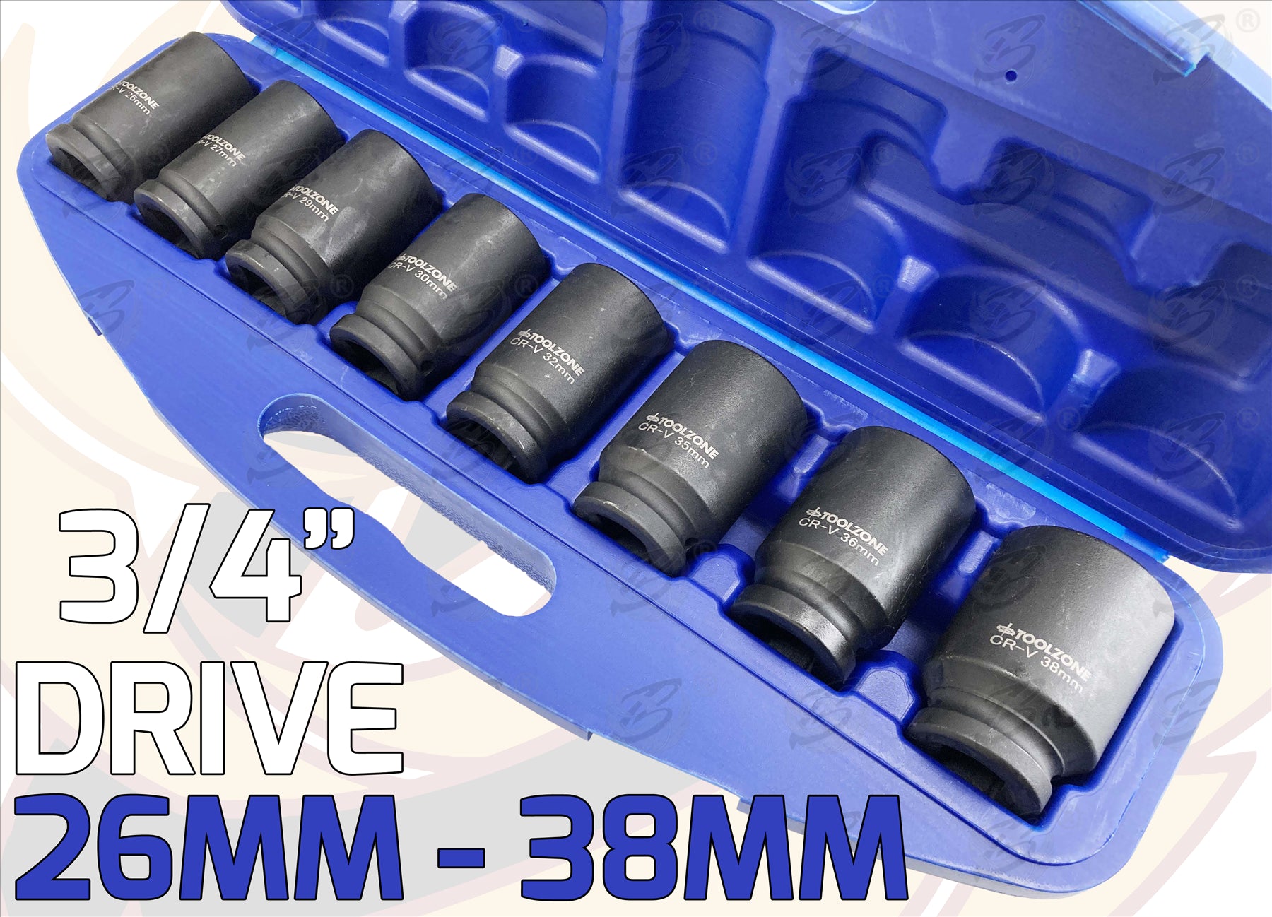 TOOLZONE 8PCS 3/4" DRIVE 6 POINT DEEP IMPACT SOCKETS 26MM - 38MM
