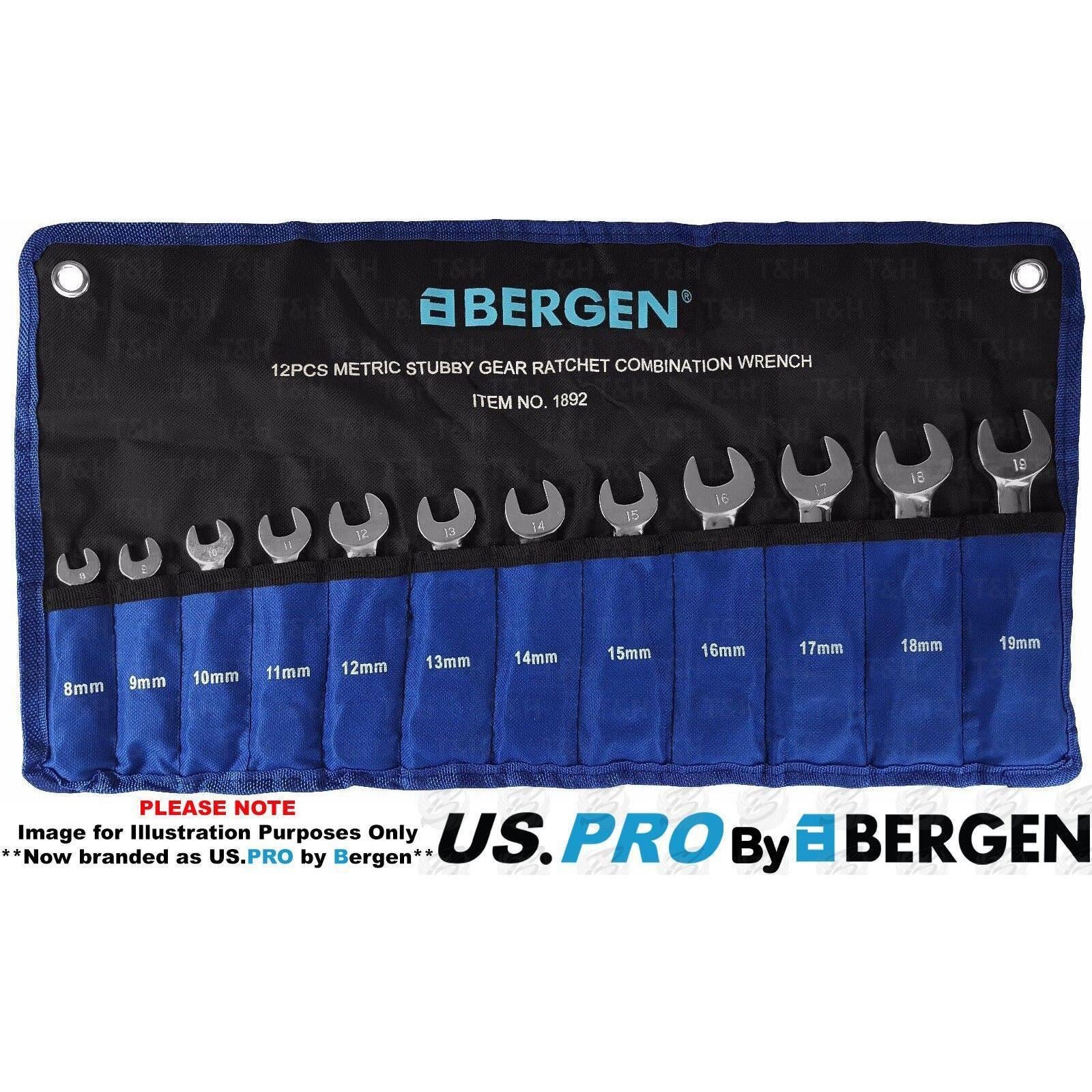 US Pro 12 Piece Stubby Combination Ratchet Spanners 8mm - 19mm 2045