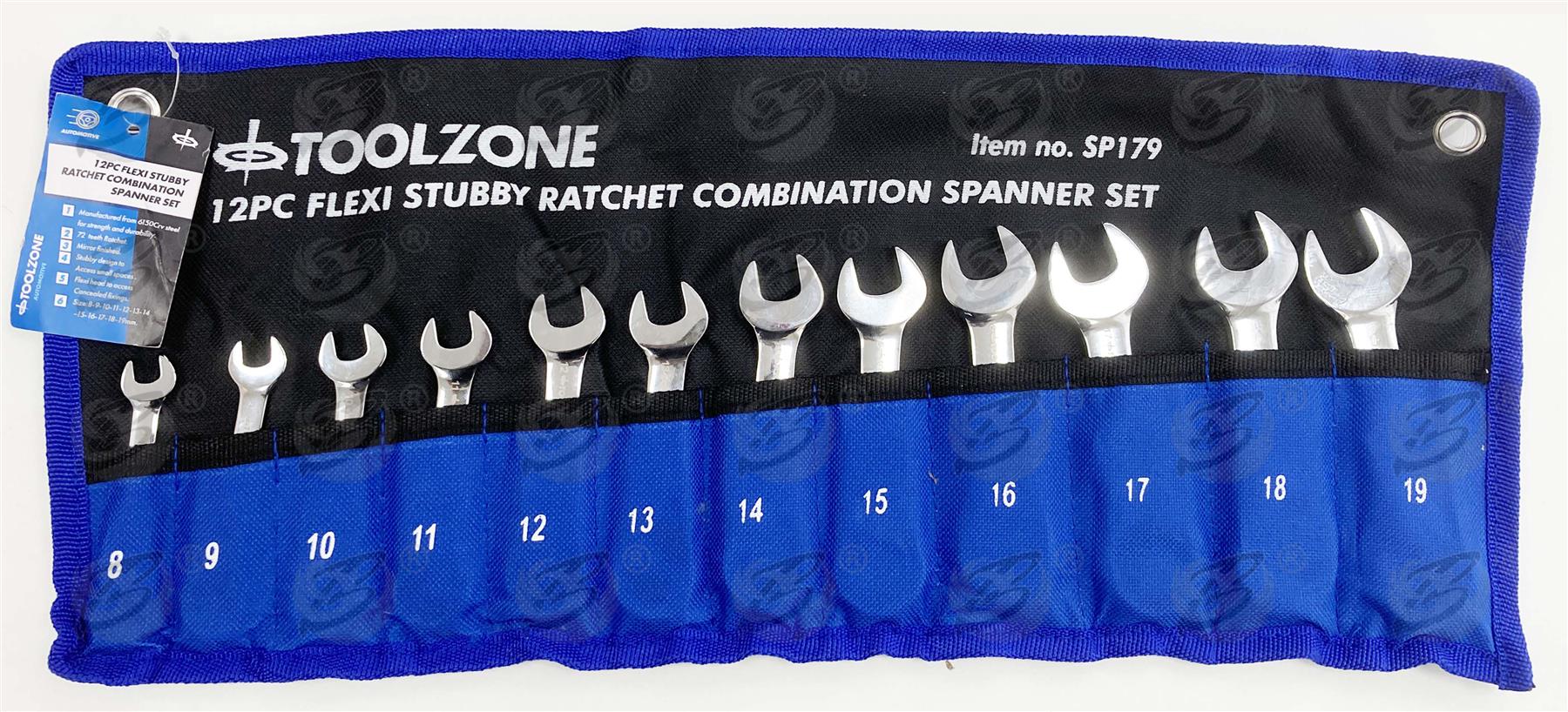 TOOLZONE 12PCS COMBINATION STUBBY FLEXIBLE RATCHET SPANNER SET 8MM - 19MM