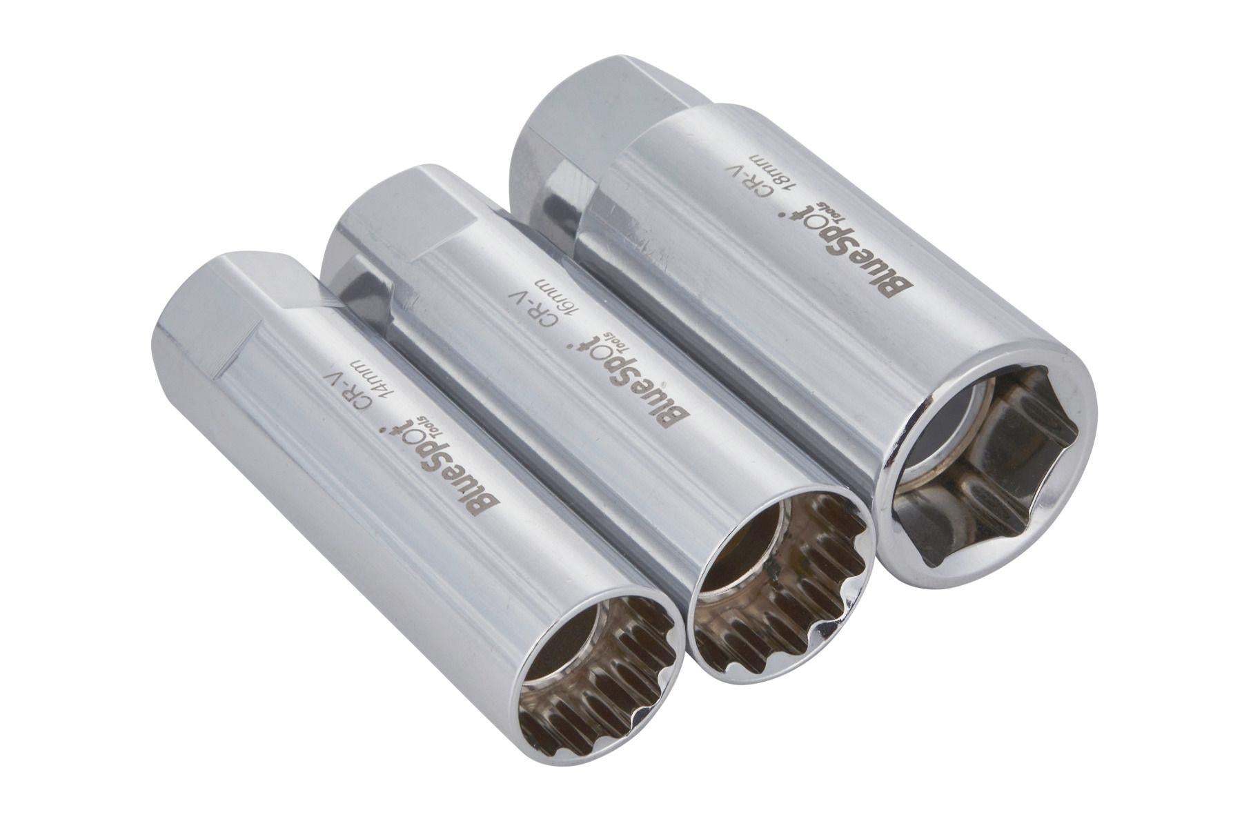 BlueSpot 3 Piece 3/8" Drive Spark Plug Sockets 14mm - 16mm - 18mm With A Manufacturers LifeTime Guarantee 01582