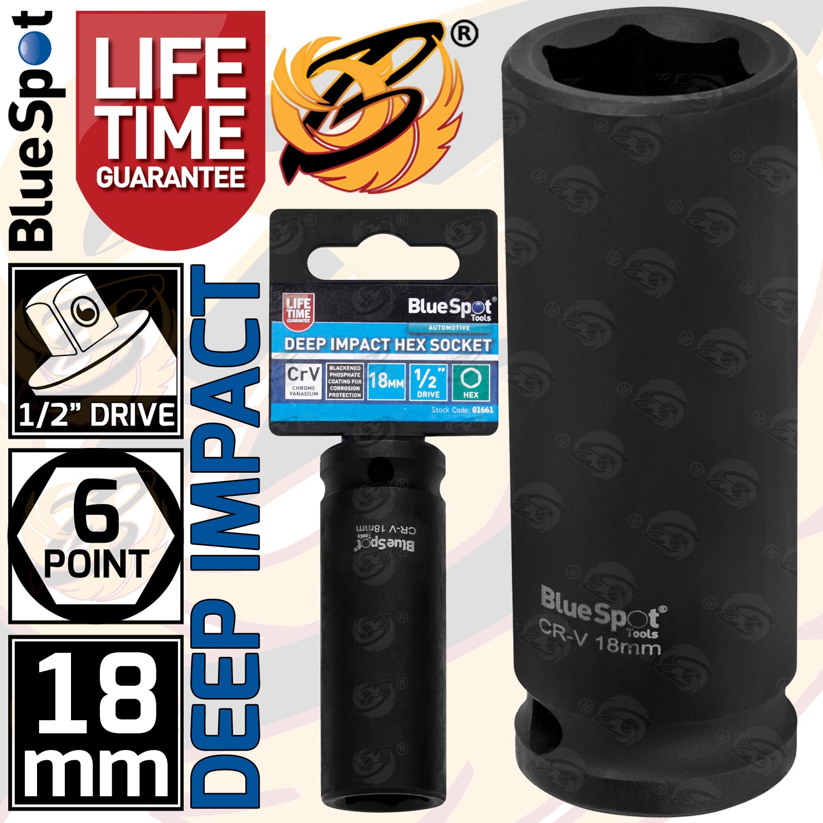 BLUESPOT 18MM 1/2" DRIVE 6 POINT DEEP IMPACT SOCKET ( SINGLE )