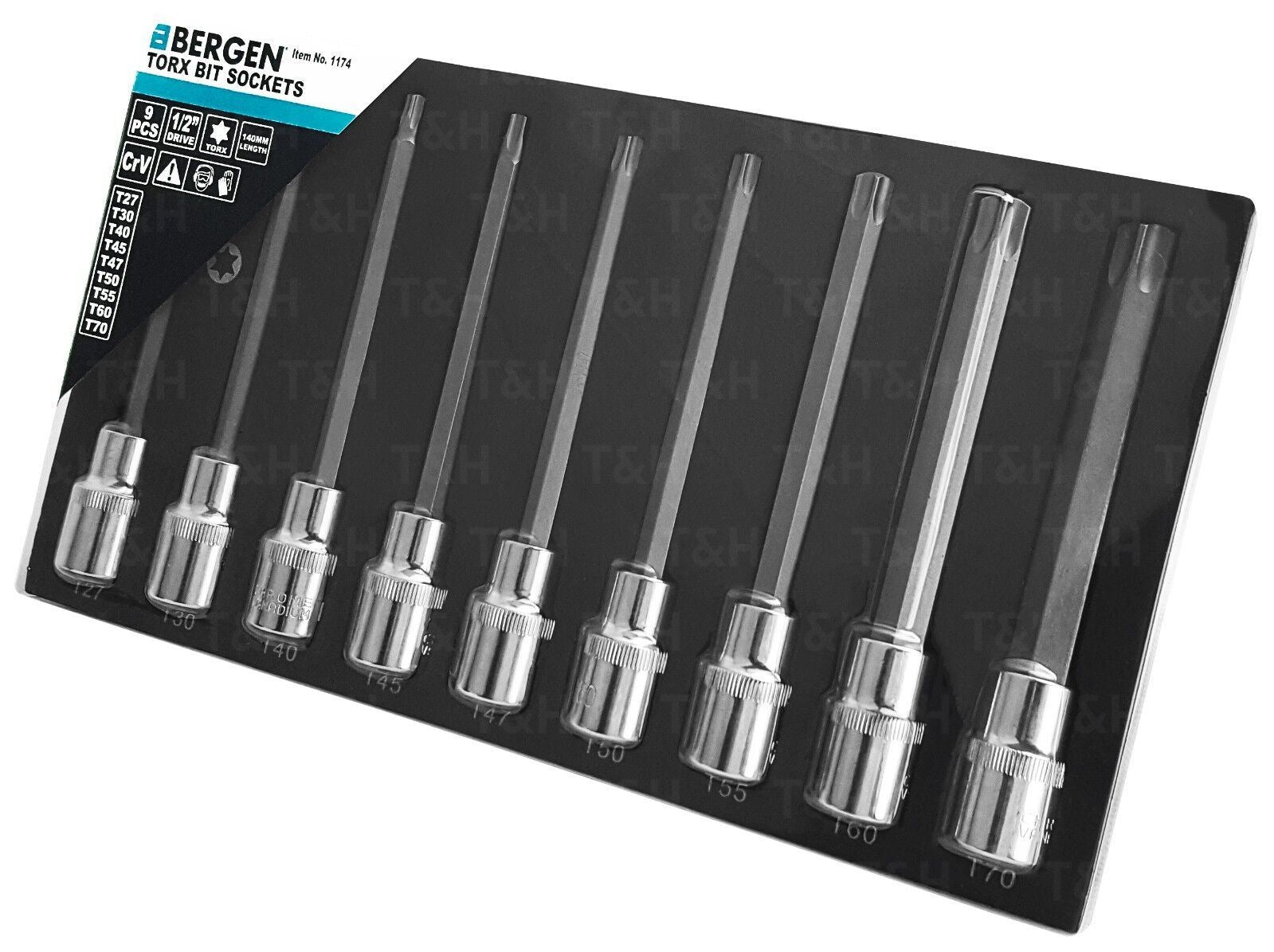 US Pro 9 Piece 1/2" Drive Extra Long Torx Bit Sockets T27 - T70 3304