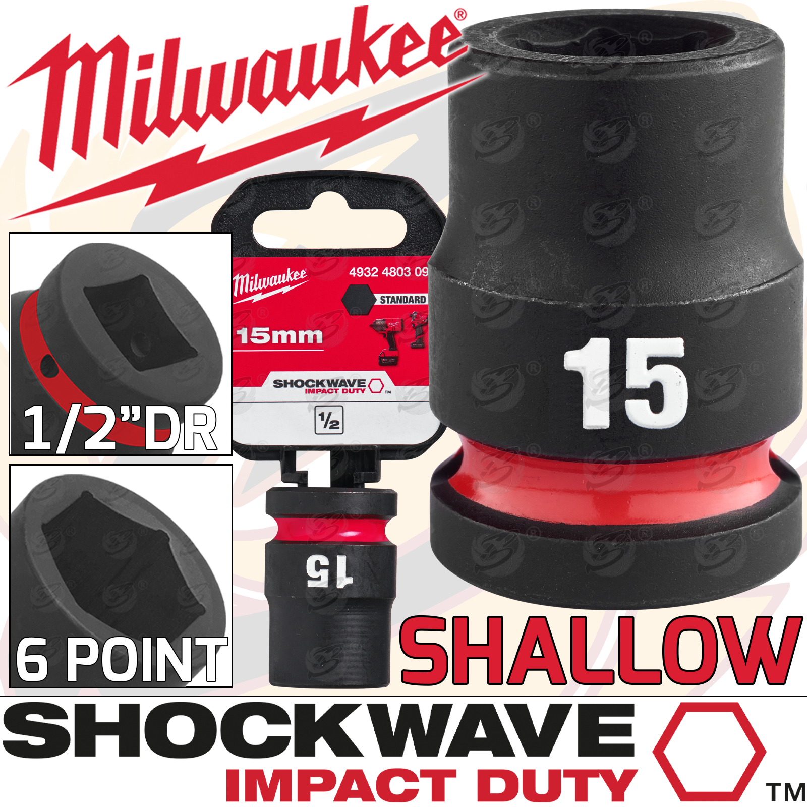 Milwaukee 15mm 1/2" Drive 6 Point Shallow Impact Socket ( Single ) ( 4932480309 )