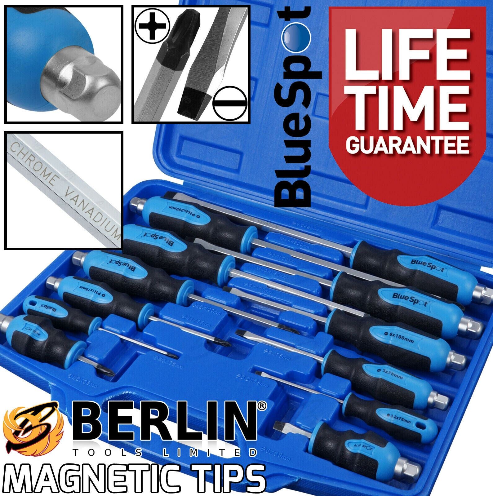 BlueSpot 12 Piece Magnetic Go Through Screwdriver Set ( Slotted - PHillips ) 12067