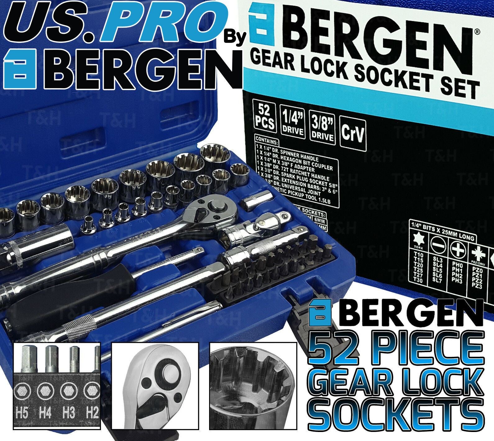 US PRO 52PCS 1/4" & 3/8" DRIVE GEAR LOCK SOCKET & BIT SET 4MM - 19MM