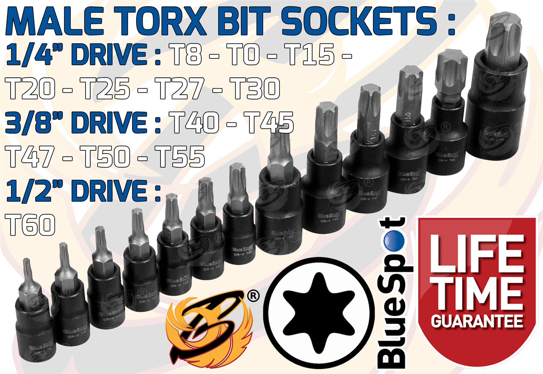 BlueSpot 25 Piece 1/4" & 3/8" & 1/2" Drive Torx & E - Torx Sockets ( E4 - E22 ) ( T8 - T60 ) ( 01587 )