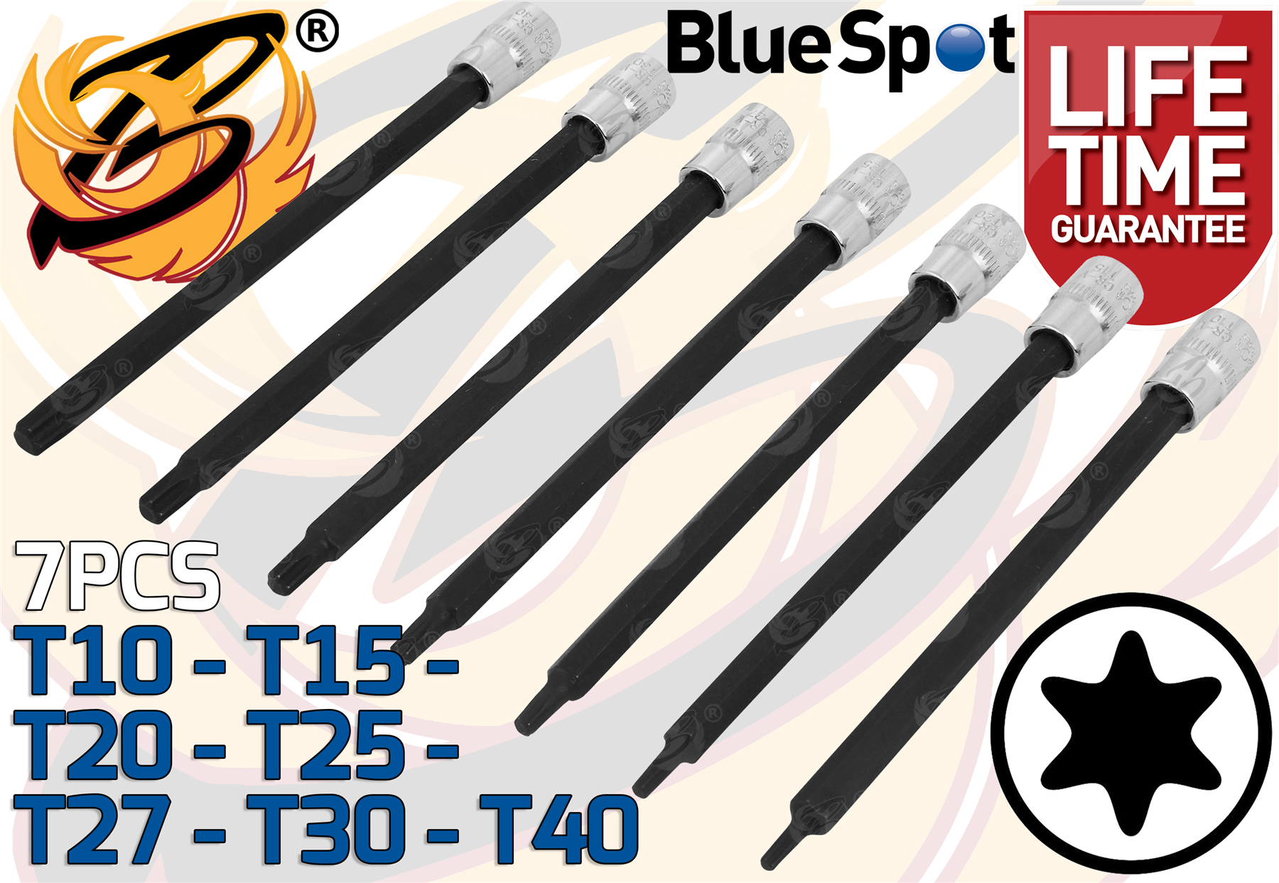 BlueSpot 7 Piece 1/4" Extra Long Impact Torx Bit Sockets T10 - T40 ( 01597 )