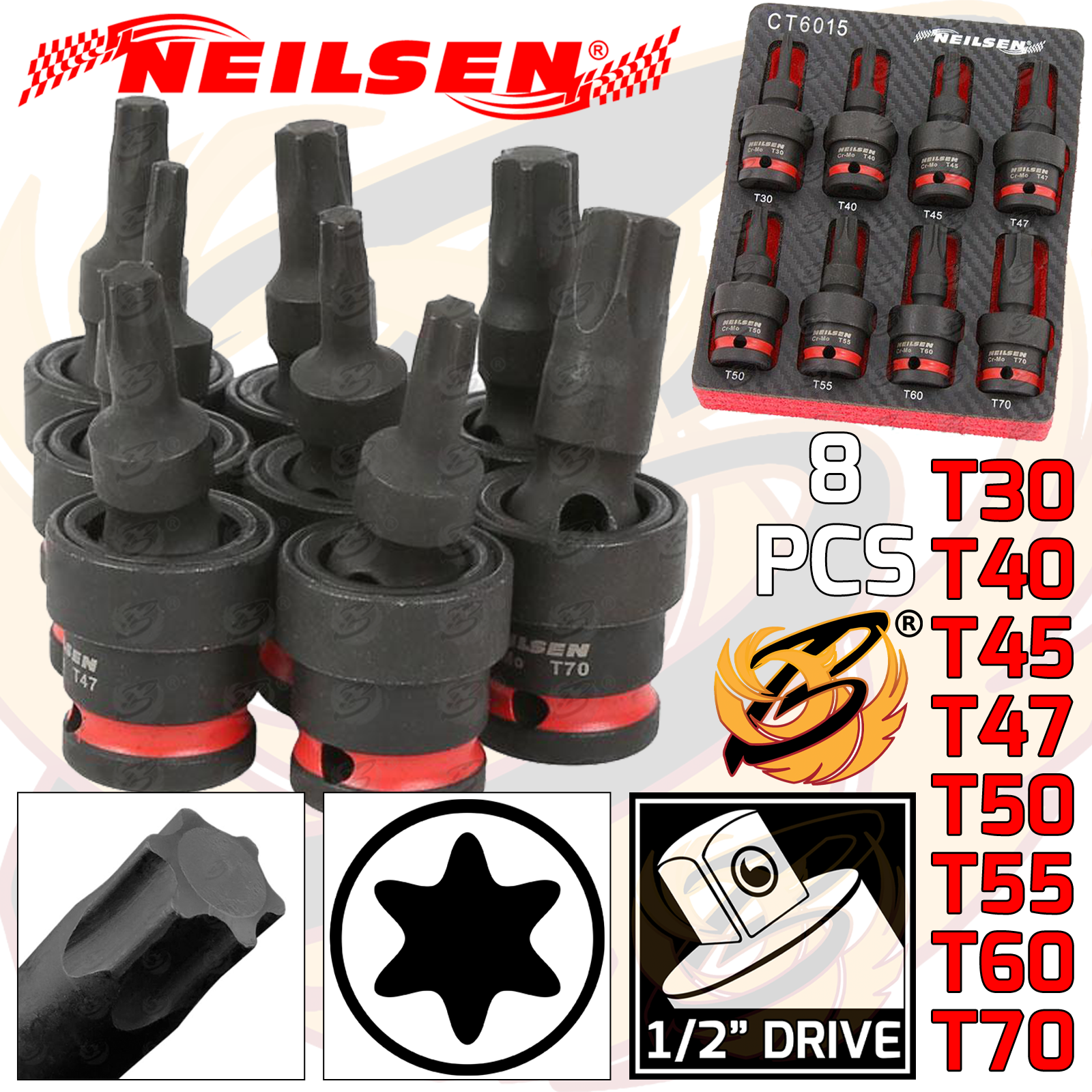 Neilsen 8 Piece 1/2" Drive Swivel Impact Torx Bit Sockets T30 - T70 ( CT6015 )