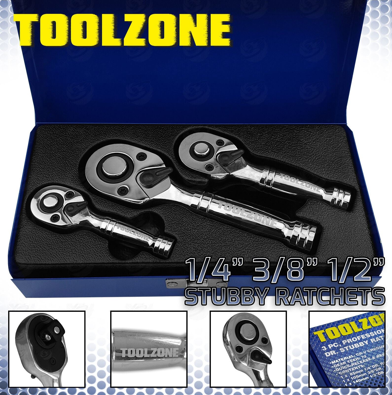 TOOLZONE 3PCS 72 TOOTH STUBBY RATCHET HANDLE SET 1/4" & 3/8" & 1/2" DRIVE
