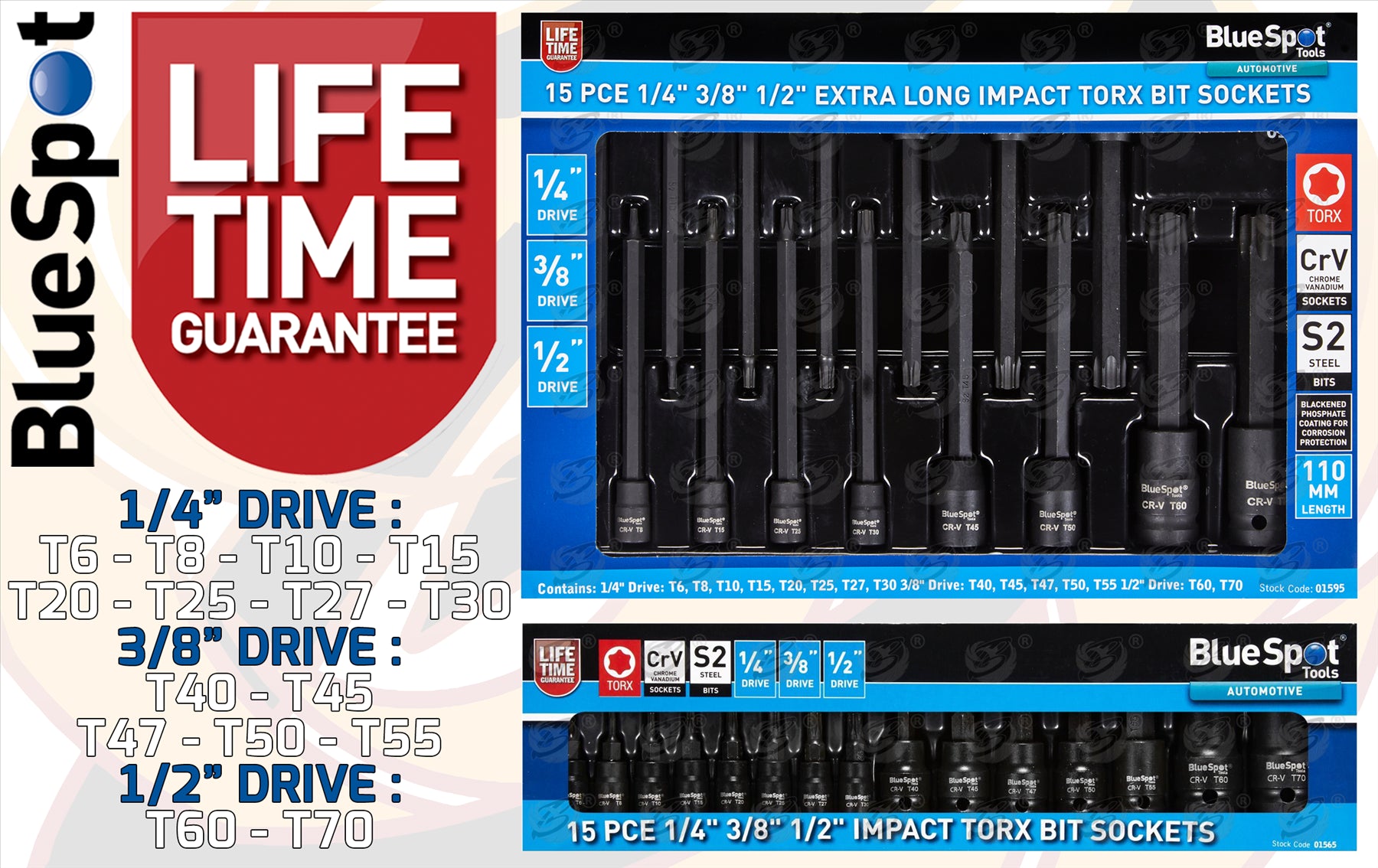 BLUESPOT 30PCS 1/4" & 3/8" & 1/2" DRIVE IMPACT TORX BIT SOCKETS T6 - T70 & 4PCS IMPACT SOCKET ADAPTERS