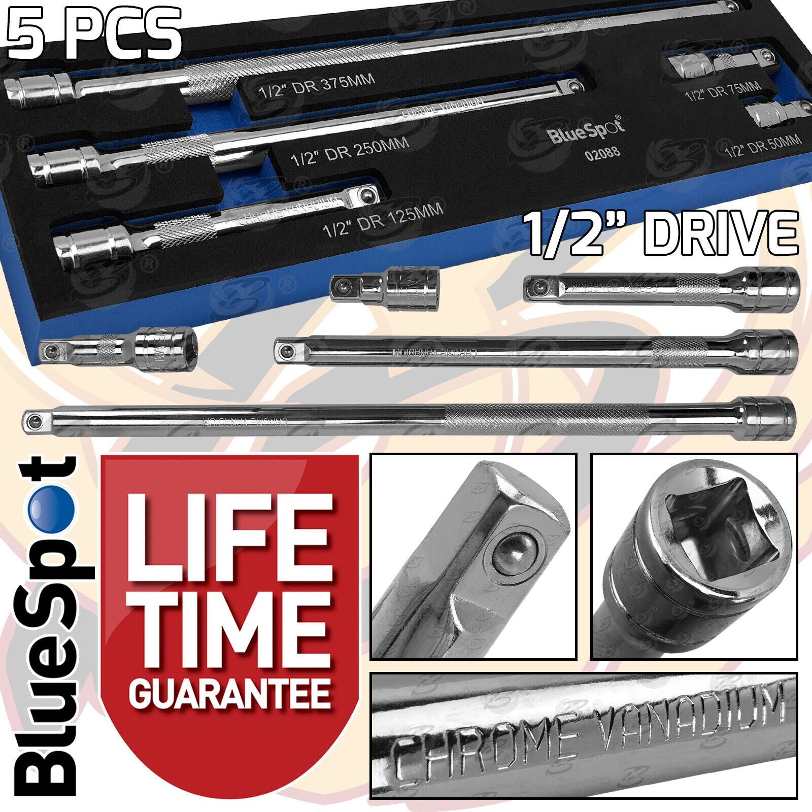 BLUESPOT 5PCS 1/2" DRIVE EXTENSION BARS 50MM - 375MM