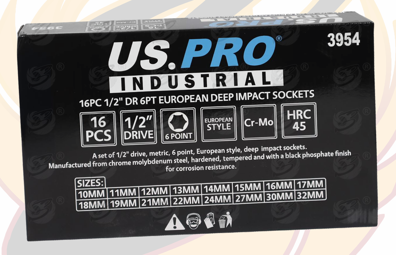 US Pro Industrial 16 Piece 1/2" Drive 6 Point Deep Impact Sockets 10mm - 32mm 3954