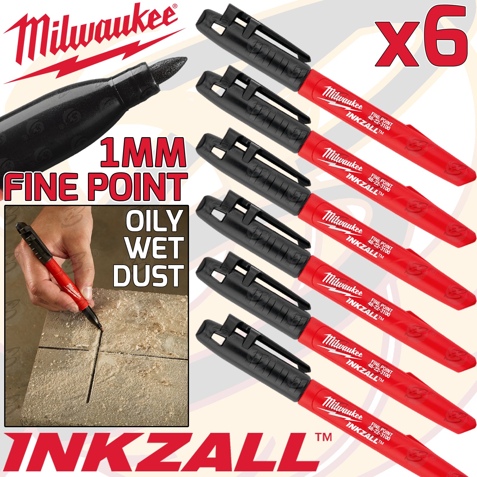 MILWAUKEE INKZALL 1mm ALL SURFACE MARKER PEN ( x6 )