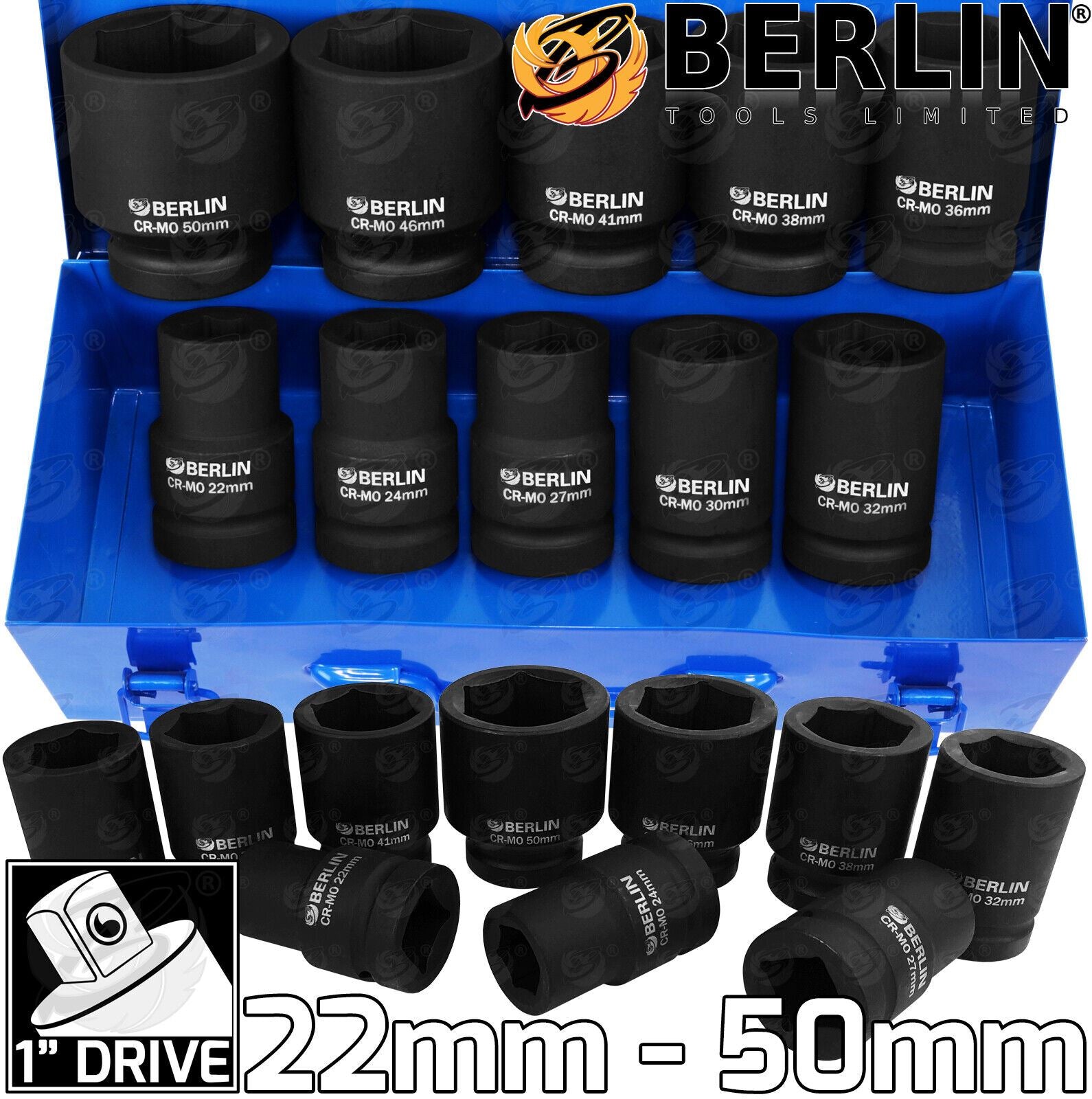 BERLIN 10PCS 1" DRIVE 6 POINT DEEP IMPACT SOCKETS 22MM - 50MM