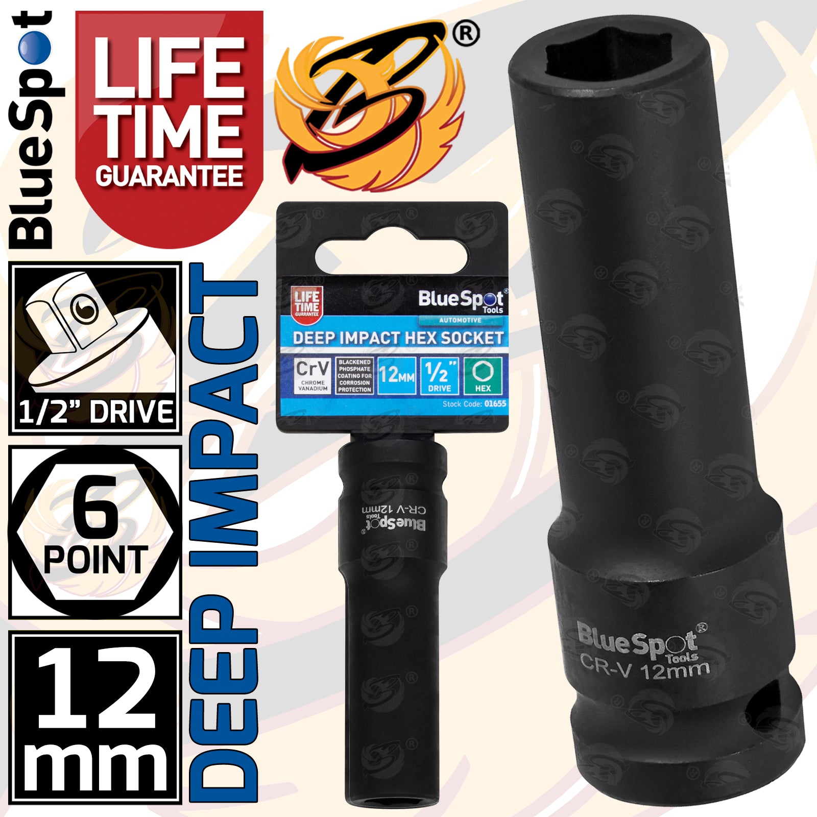 BLUESPOT 12MM 1/2" DRIVE 6 POINT DEEP IMPACT SOCKET ( SINGLE )