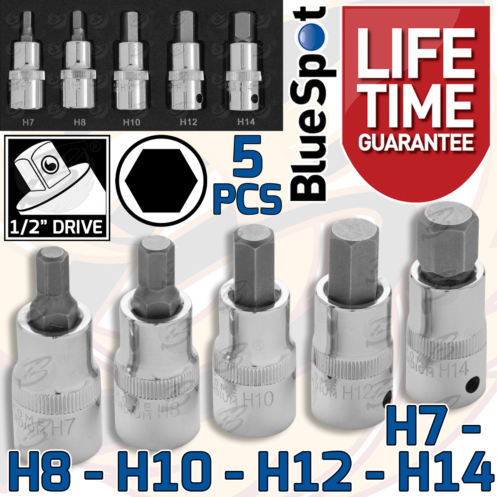 BLUESPOT 5PCS 1/2" DRIVE HEX BIT SOCKETS ( H7 - H14 )