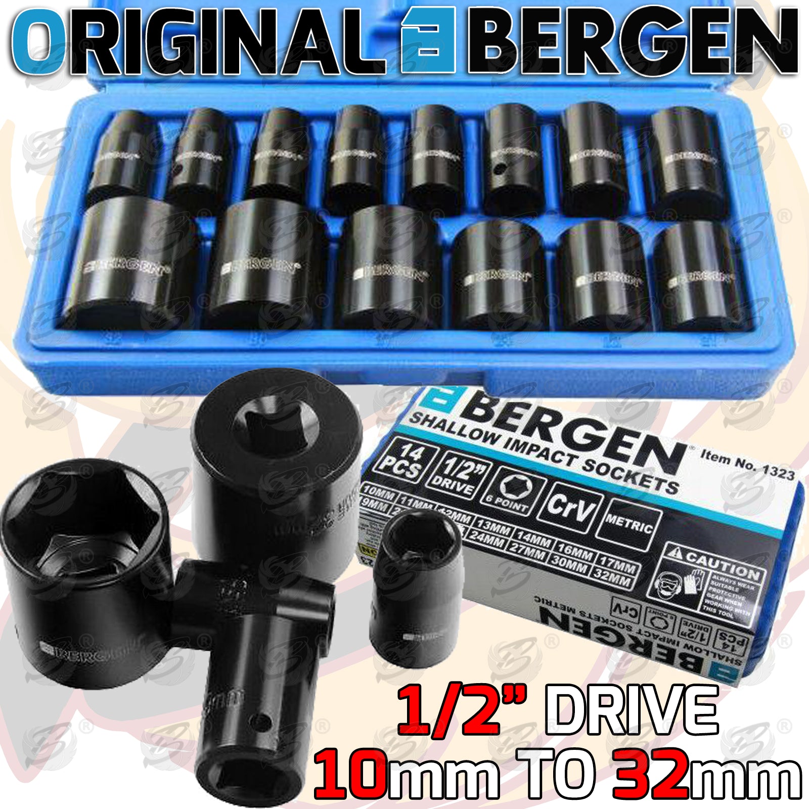 BERGEN 14PCS 1/2" DRIVE 6 POINT SHALLOW IMPACT SOCKETS 10MM - 32MM