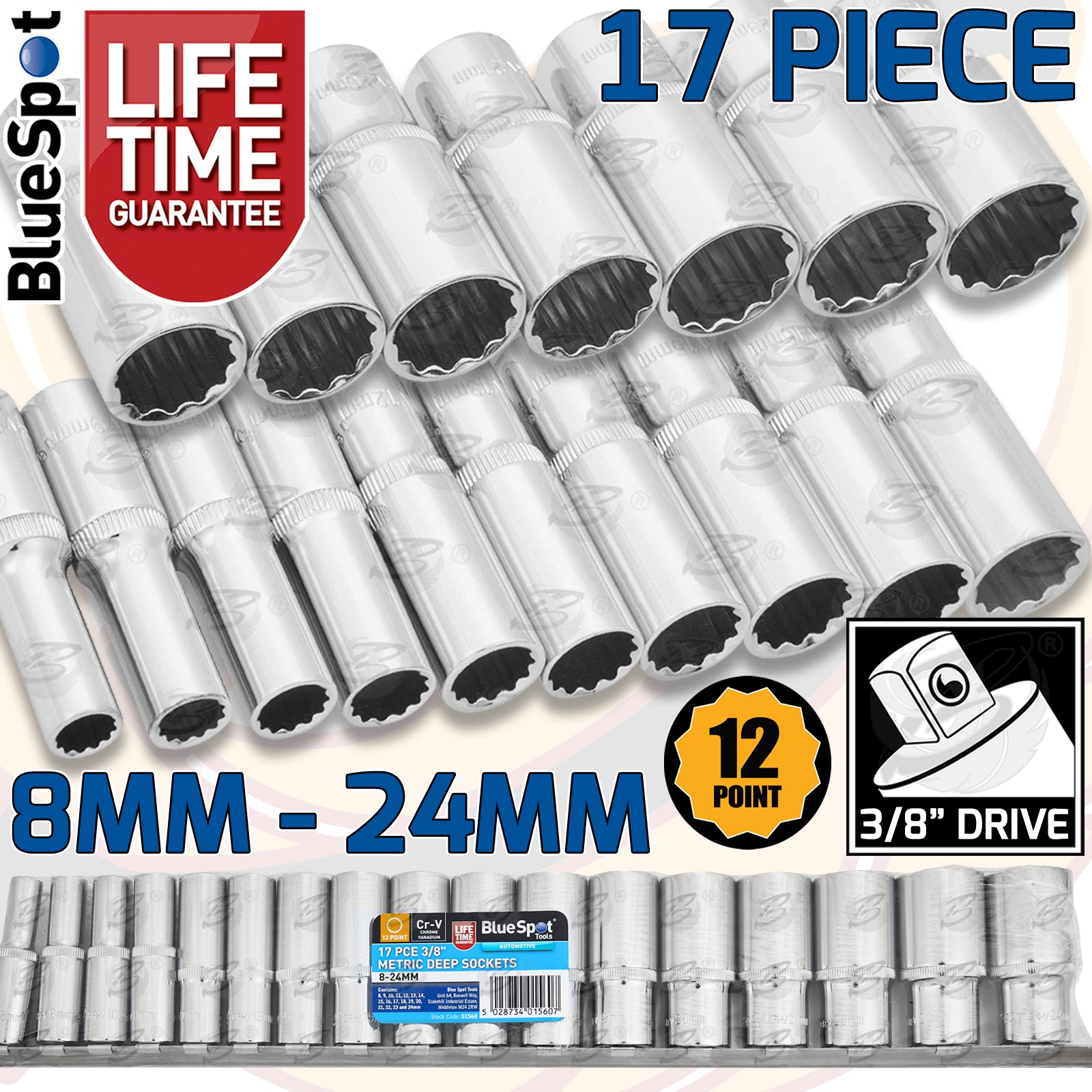 BLUESPOT 17PCS 3/8" DRIVE 12 POINT DEEP SOCKETS 8MM - 24MM