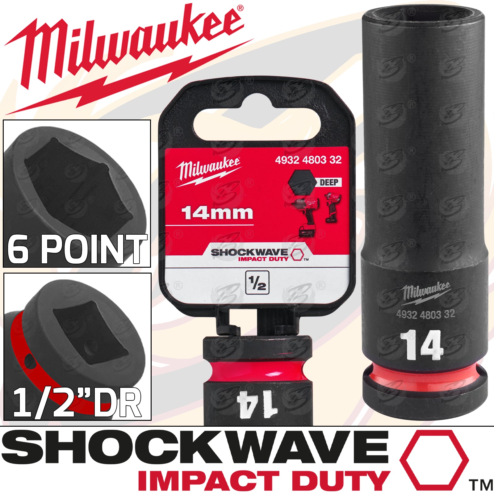 MILWAUKEE 14MM 1/2" DRIVE 6 POINT DEEP IMPACT SOCKET ( SINGLE )