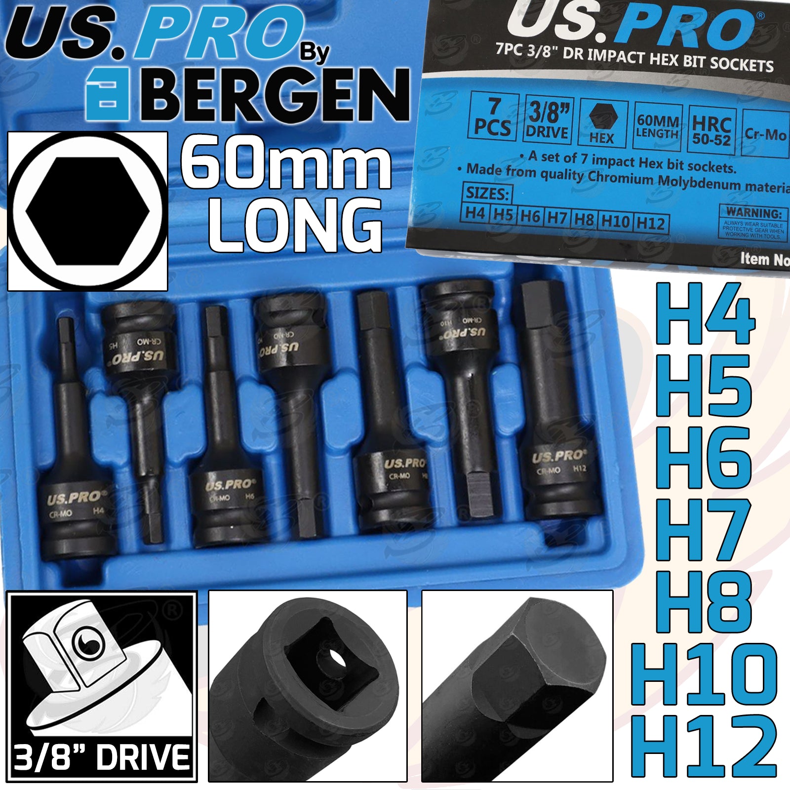 US PRO 7PCS 3/8" DRIVE IMPACT HEX BIT SOCKETS H4 - H12