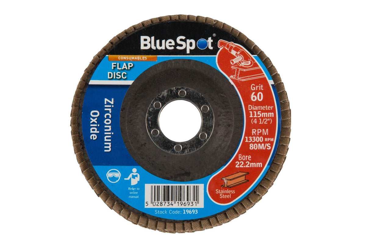 BlueSpot 115mm (4.5") 60 Grit Zirconium Oxide Flap Discs ( x10 ) 19693