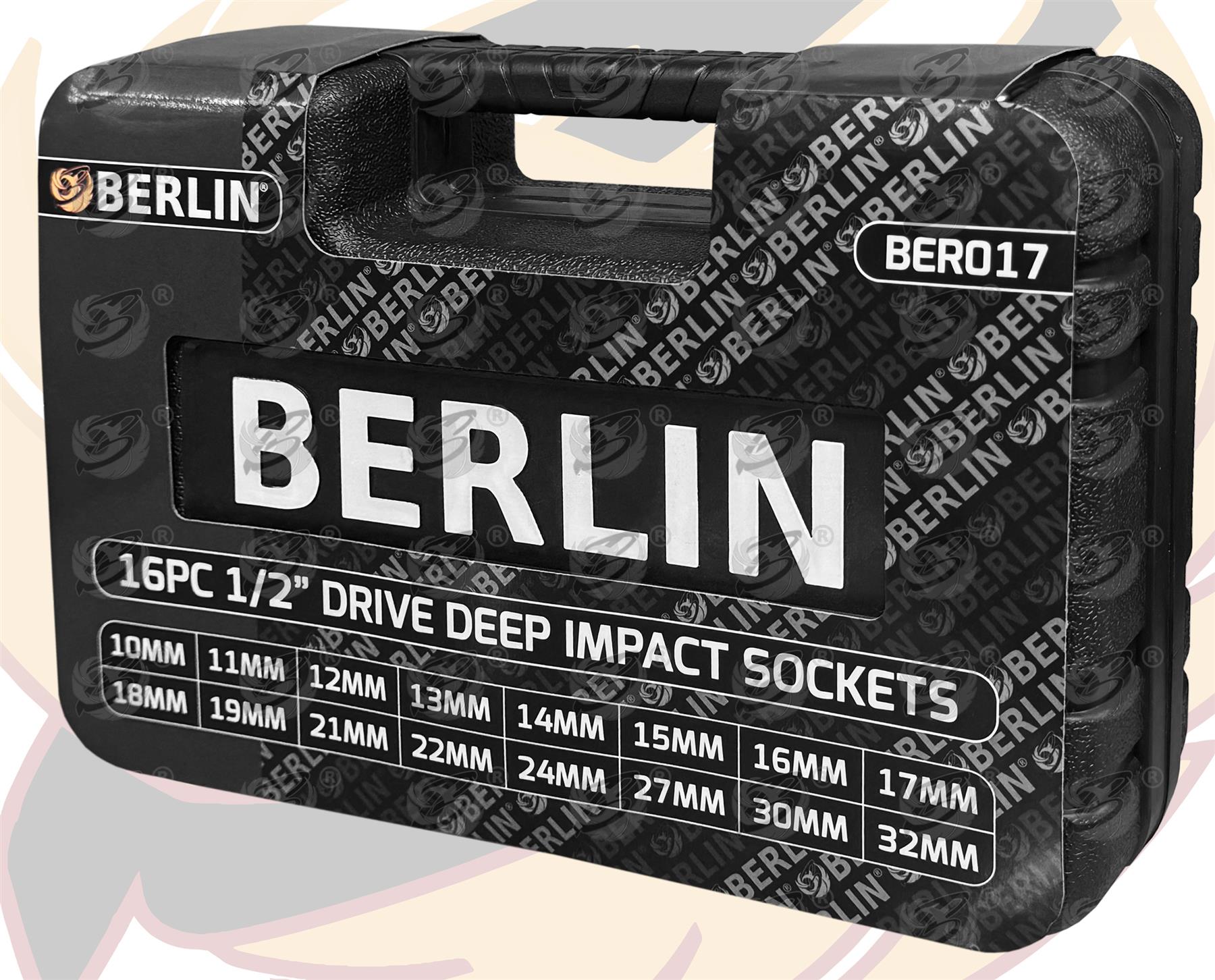 BERLIN Deep Impact Socket Set 1/2"dr 10mm - 32mm & Impact Extension Bars 19pcs Set