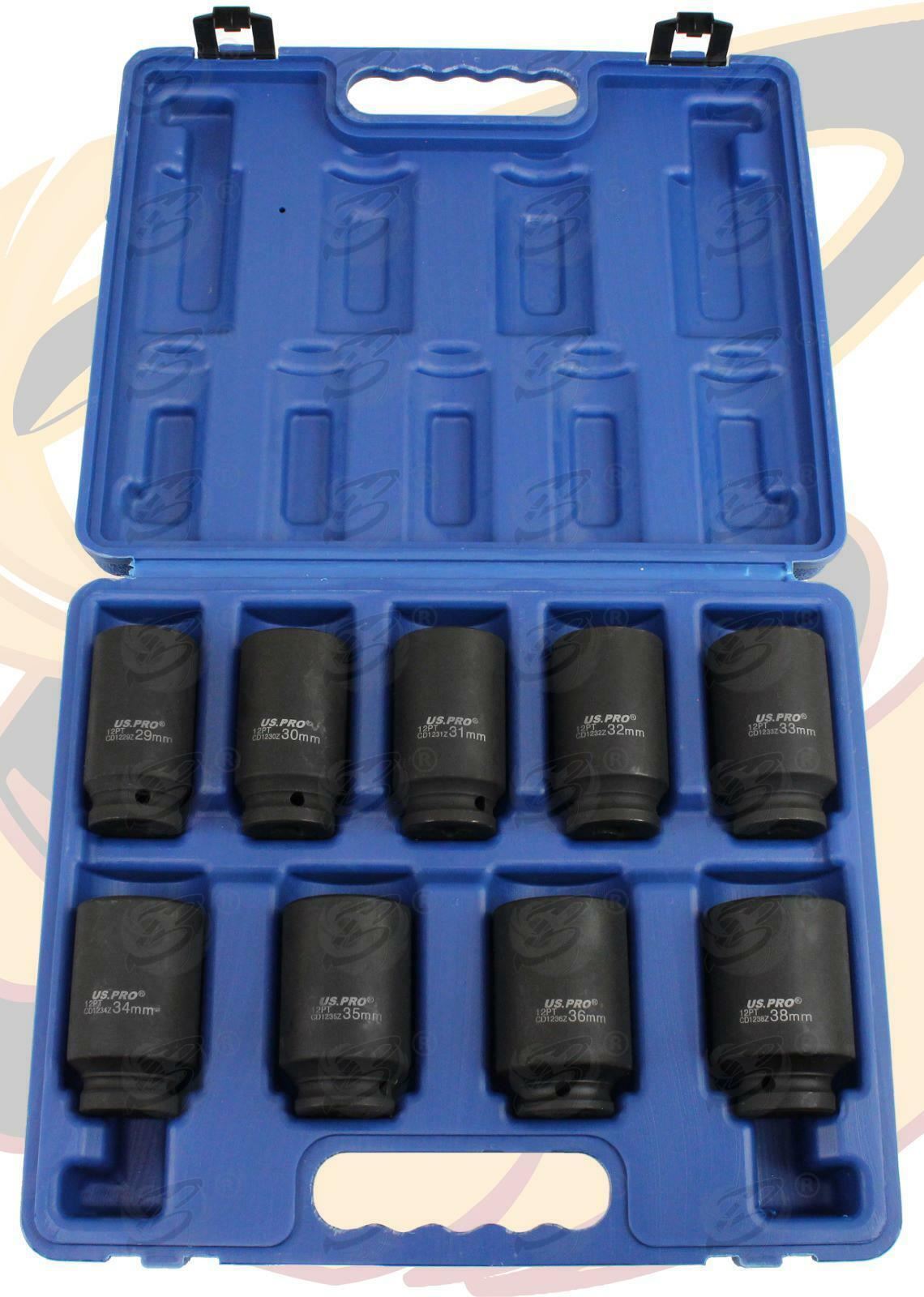 US PRO 9PCS 1/2" DRIVE 12 POINT DEEP IMPACT SOCKETS 29MM - 38MM