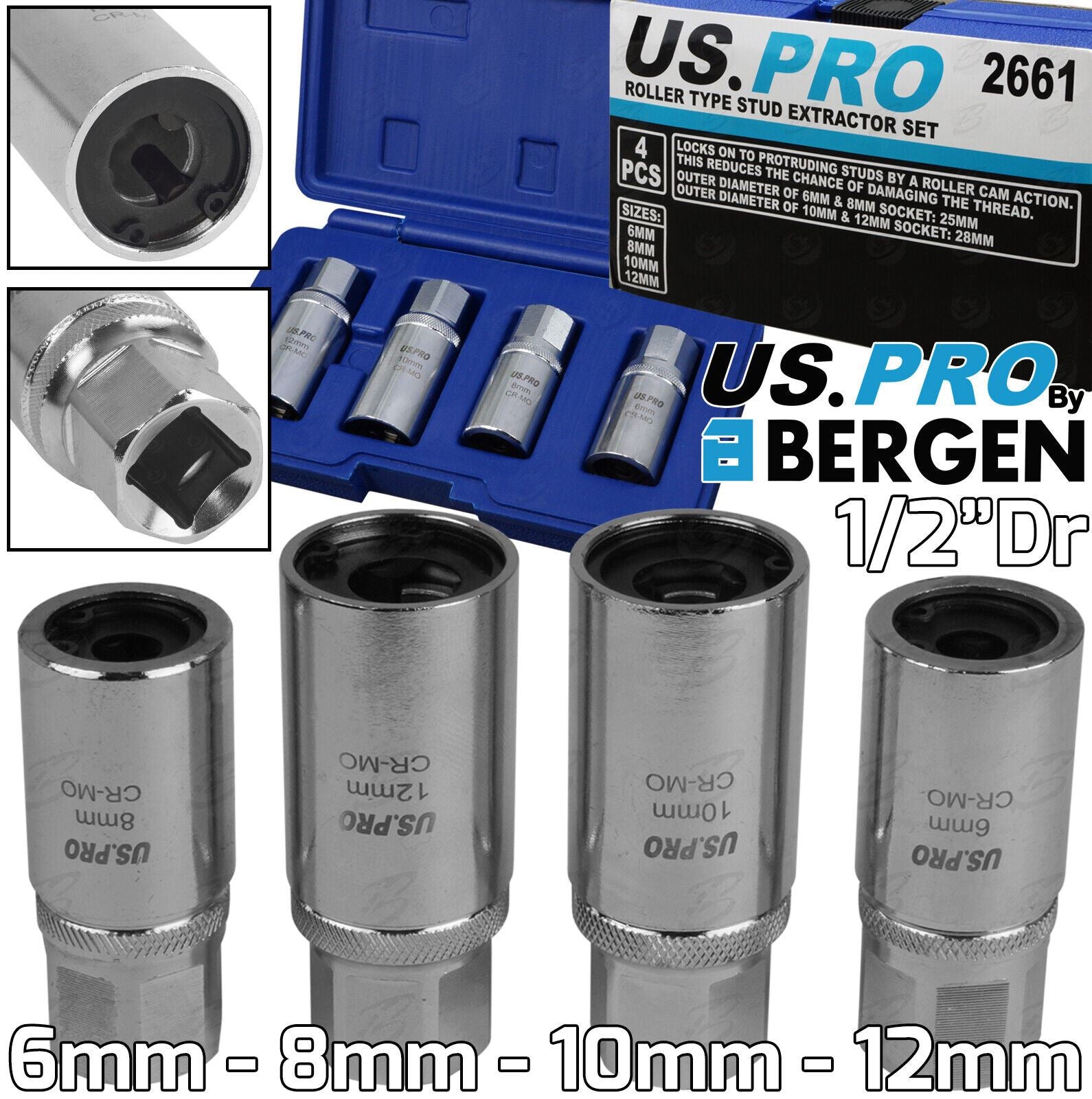 US Pro 4 Piece 1/2" Drive Roller Type Stud Extractors 6mm - 12mm ( 2661 )