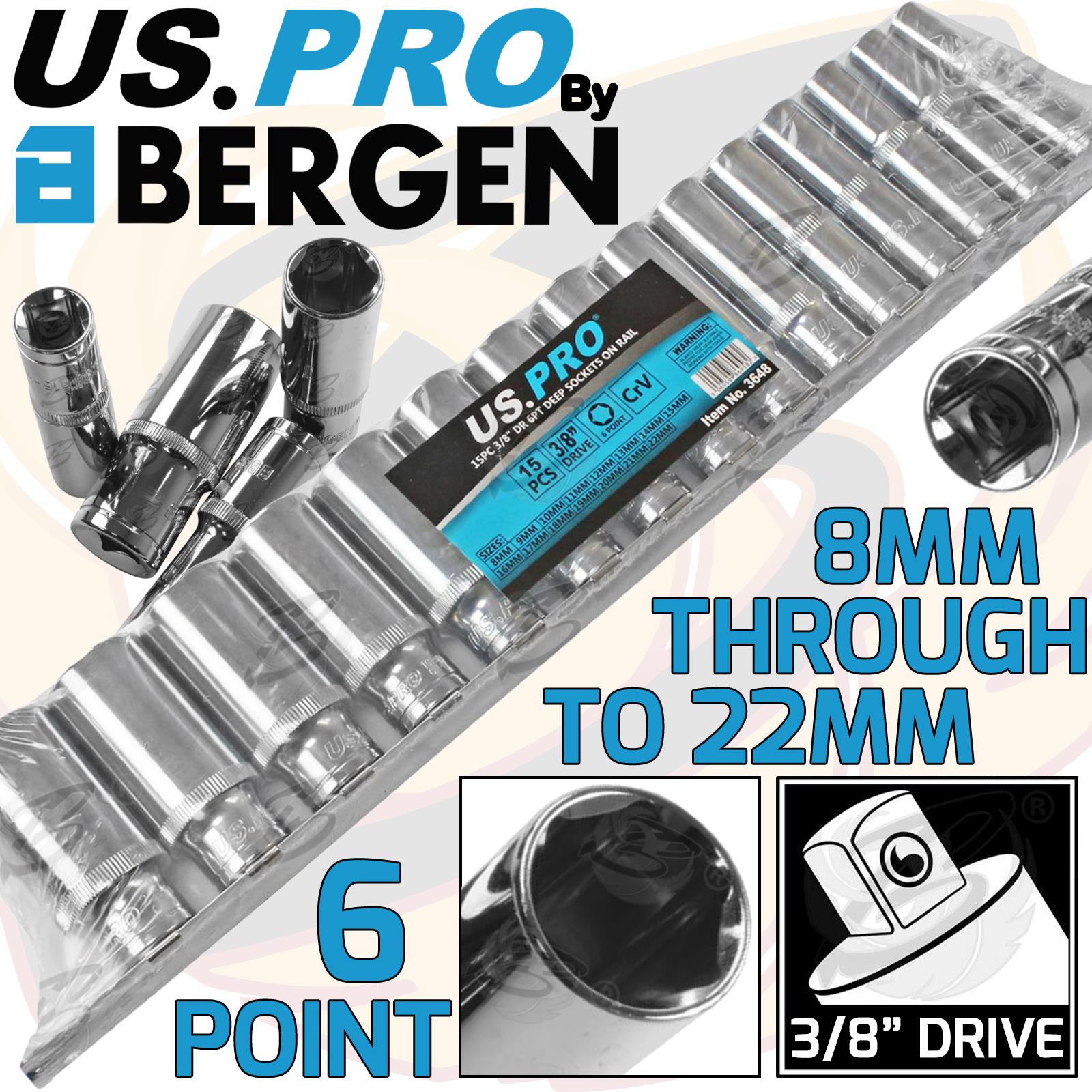 US PRO 15PCS 3/8" DRIVE 6 POINT DEEP SOCKETS 8MM - 22MM