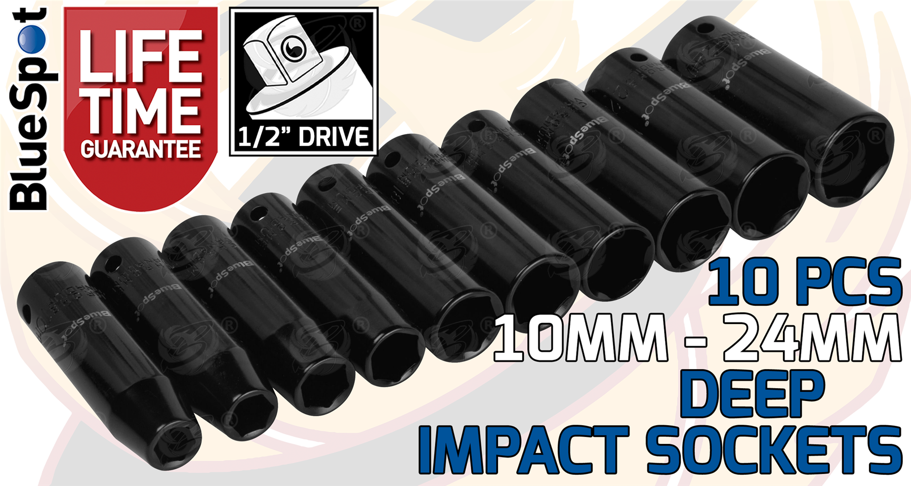 BlueSpot 10 Piece 1/2" Drive 6 Point Deep Impact Sockets 10mm - 24mm ( 01536 )