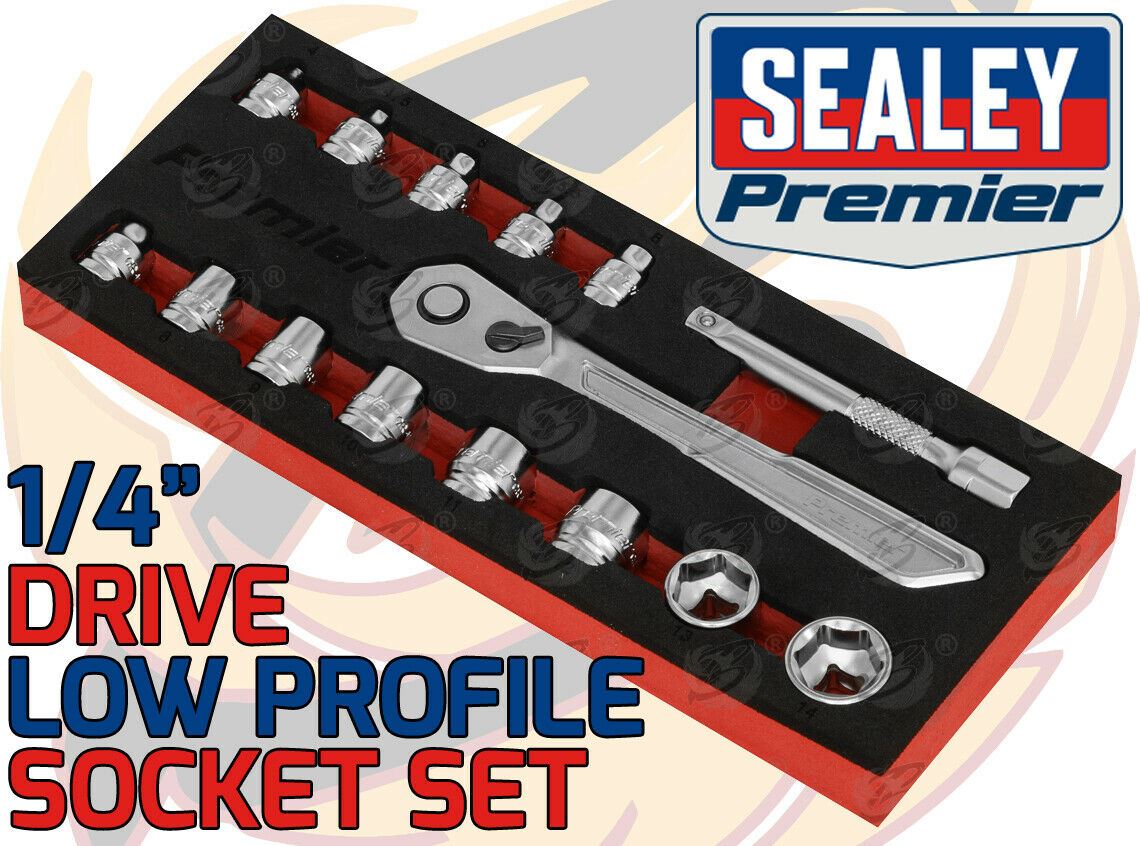 SEALEY 15PCS 1/4" DRIVE 6 POINT 90 TOOTH LOW PROFILE SOCKET SET 4MM - 14MM
