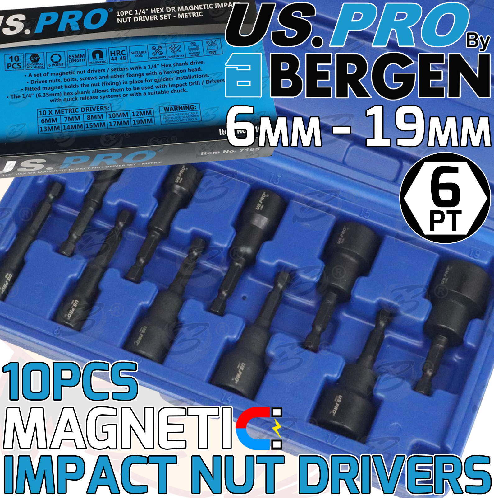 US Pro 10 Piece Magnetic Impact Nut Drivers / Runners ( 6mm - 19mm ) ( 7165 )