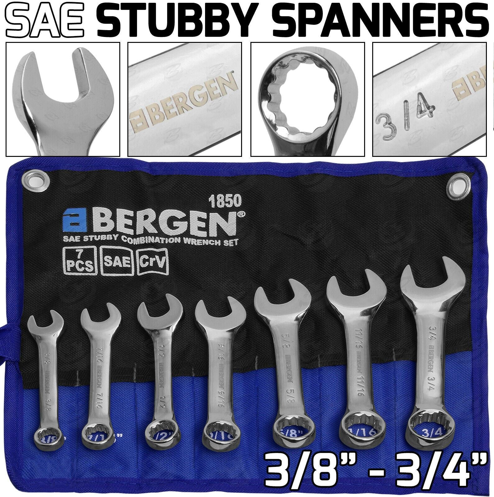 US PRO 7PCS STUBBY SAE COMBINATION SPANNERS 3/8" - 3/4"