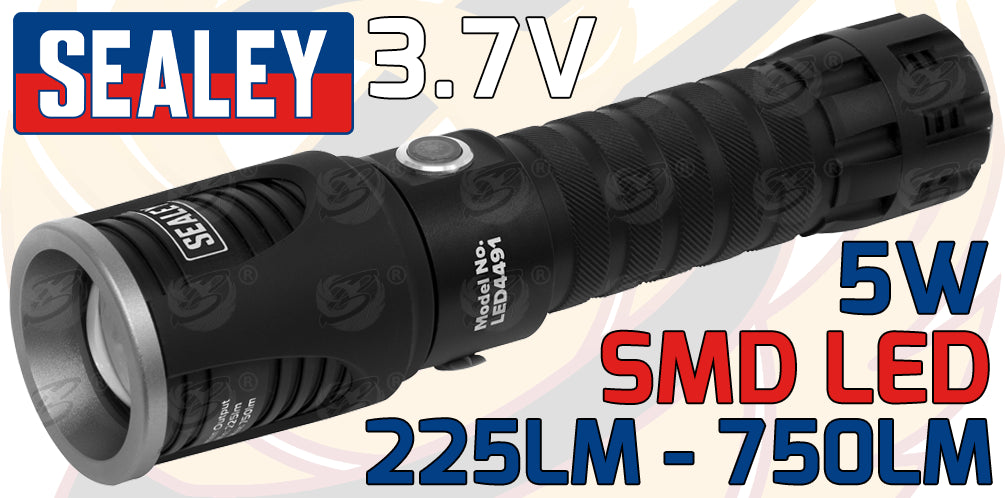 SEALEY RECHARGEABLE LI - ION SMD LED TORCH 5W 225LM - 750LM