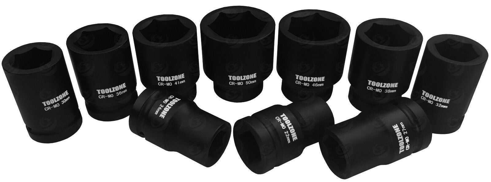 TOOLZONE 10PCS 1" DRIVE 6 POINT DEEP IMPACT SOCKETS 22MM - 50MM