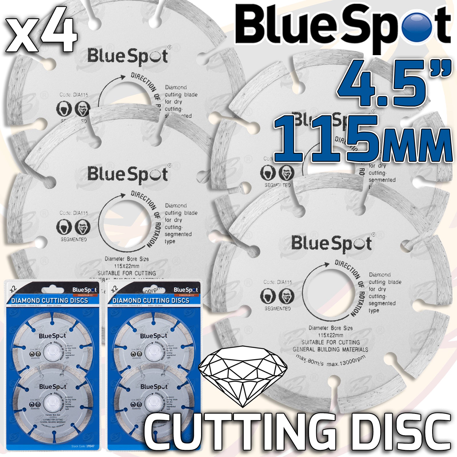 BLUESPOT 4.5" ( 115MM ) DIAMOND CUTTING DISCS ( X 4 )