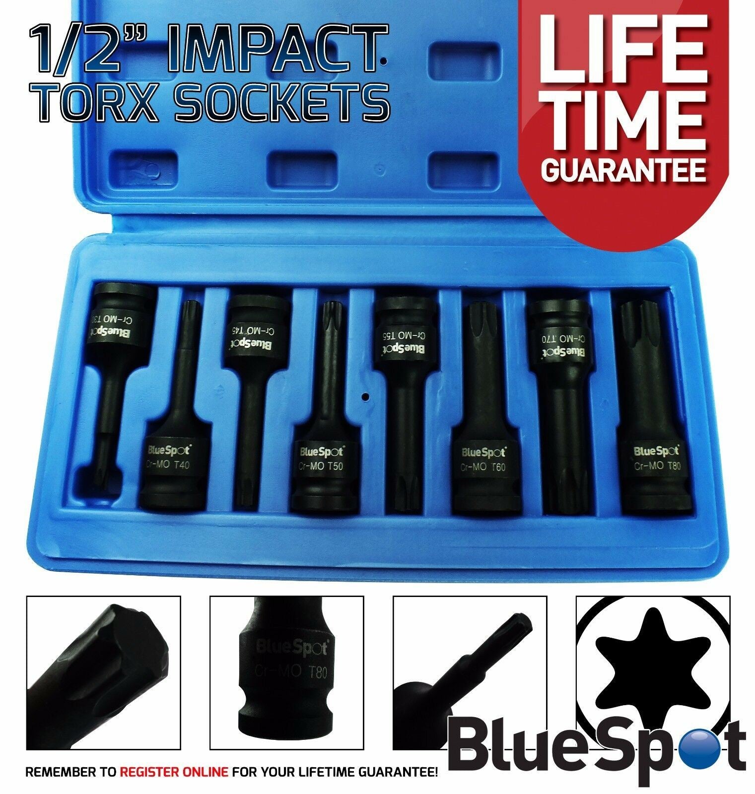 BLUESPOT 8PCS 1/2" DRIVE IMPACT TORX BIT SOCKETS T30 - T0