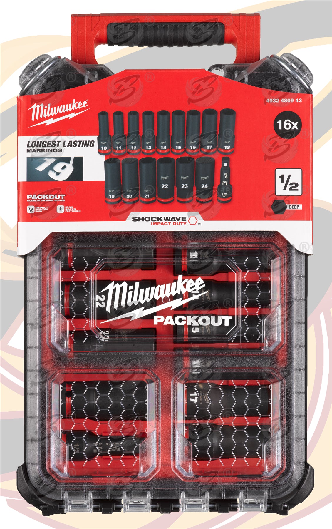 MILWAUKEE 16PCS 1/2" DRIVE 6 POINT DEEP IMPACT SOCKETS 10MM - 24MM IN PACKOUT ( SHOCKWAVE IMPACT DUTY )