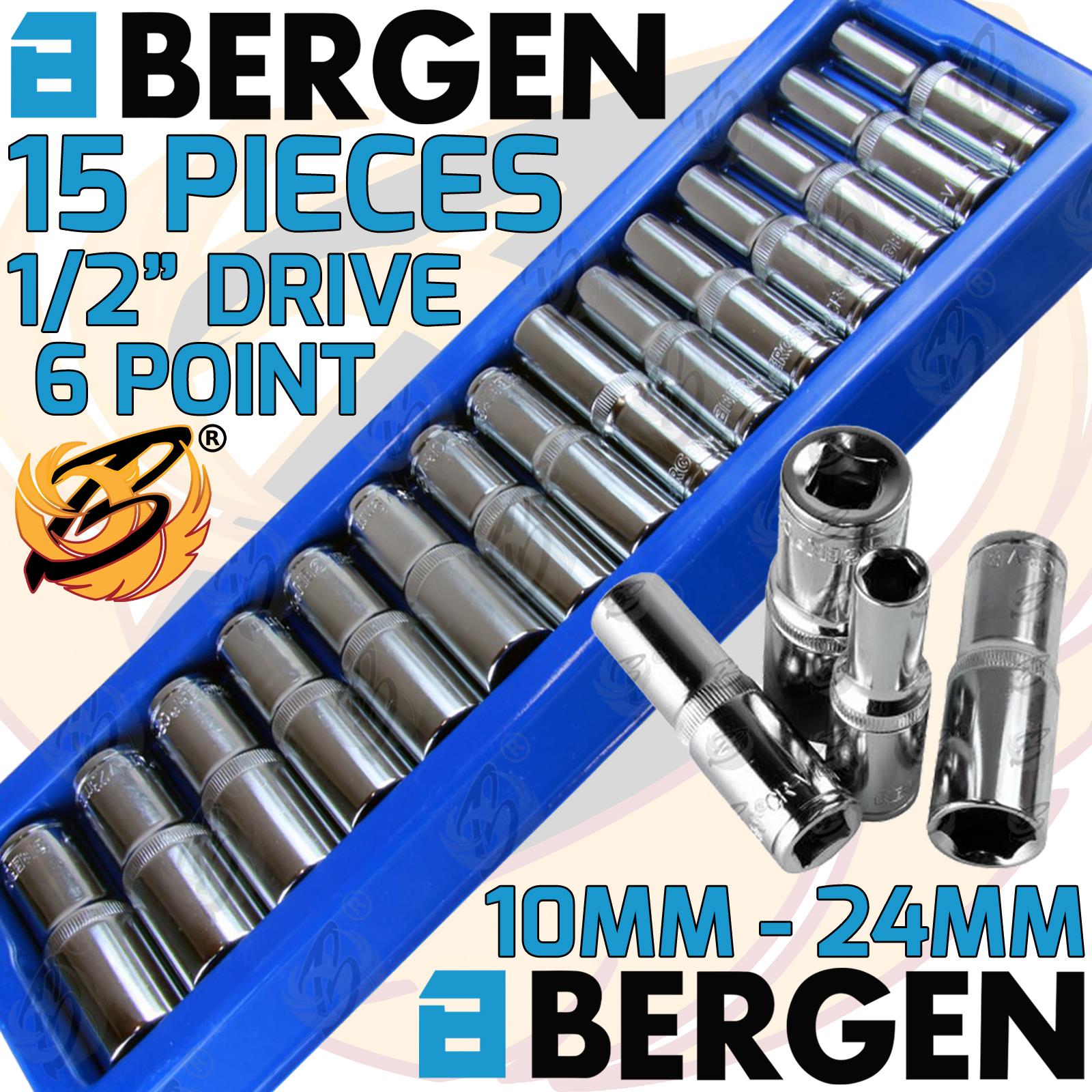 BERGEN 15PCS 1/2" DRIVE 6 POINT DEEP SOCKETS 10MM - 24MM