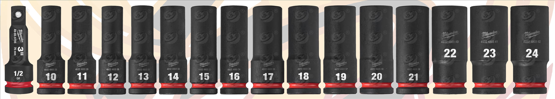 MILWAUKEE 16PCS 1/2" DRIVE 6 POINT DEEP IMPACT SOCKETS 10MM - 24MM IN PACKOUT ( SHOCKWAVE IMPACT DUTY )