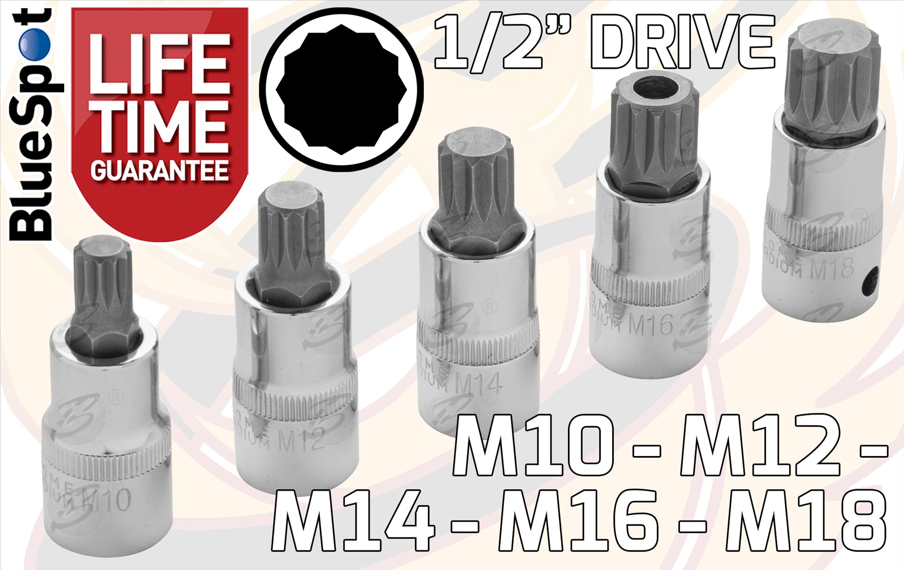 BLUESPOT 15PCS 1/2" DRIVE MIXED BIT SOCKETS ( HEX - TORX - SPLINE )