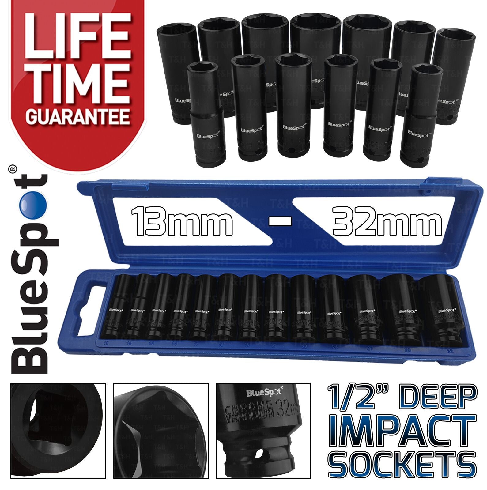 BLUESPOT 13PCS 1/2" DRIVE 6 POINT DEEP IMPACT SOCKETS 13MM - 32MM