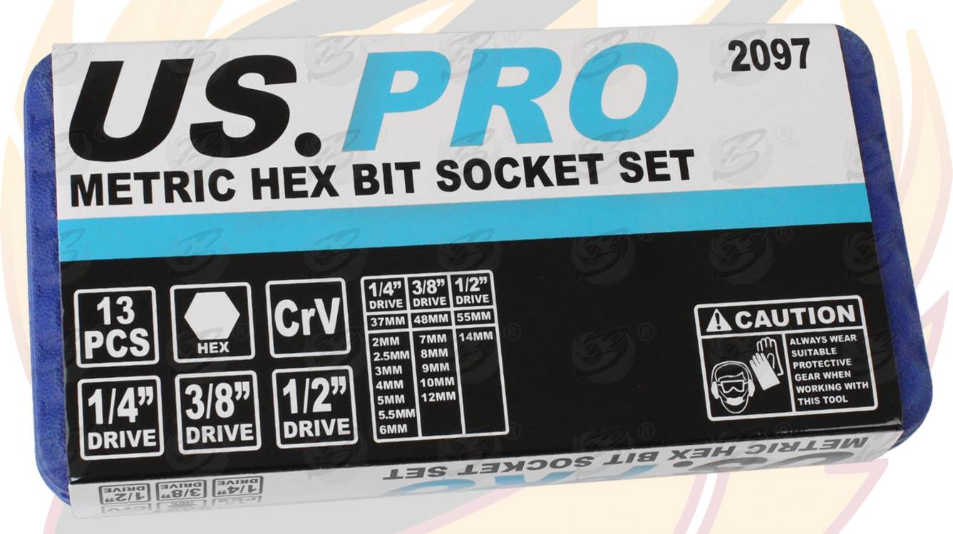 US Pro 13 Piece 1/4" & 3/8" & 1/2" Drive Hex Bit Sockets H2 - H14 2097