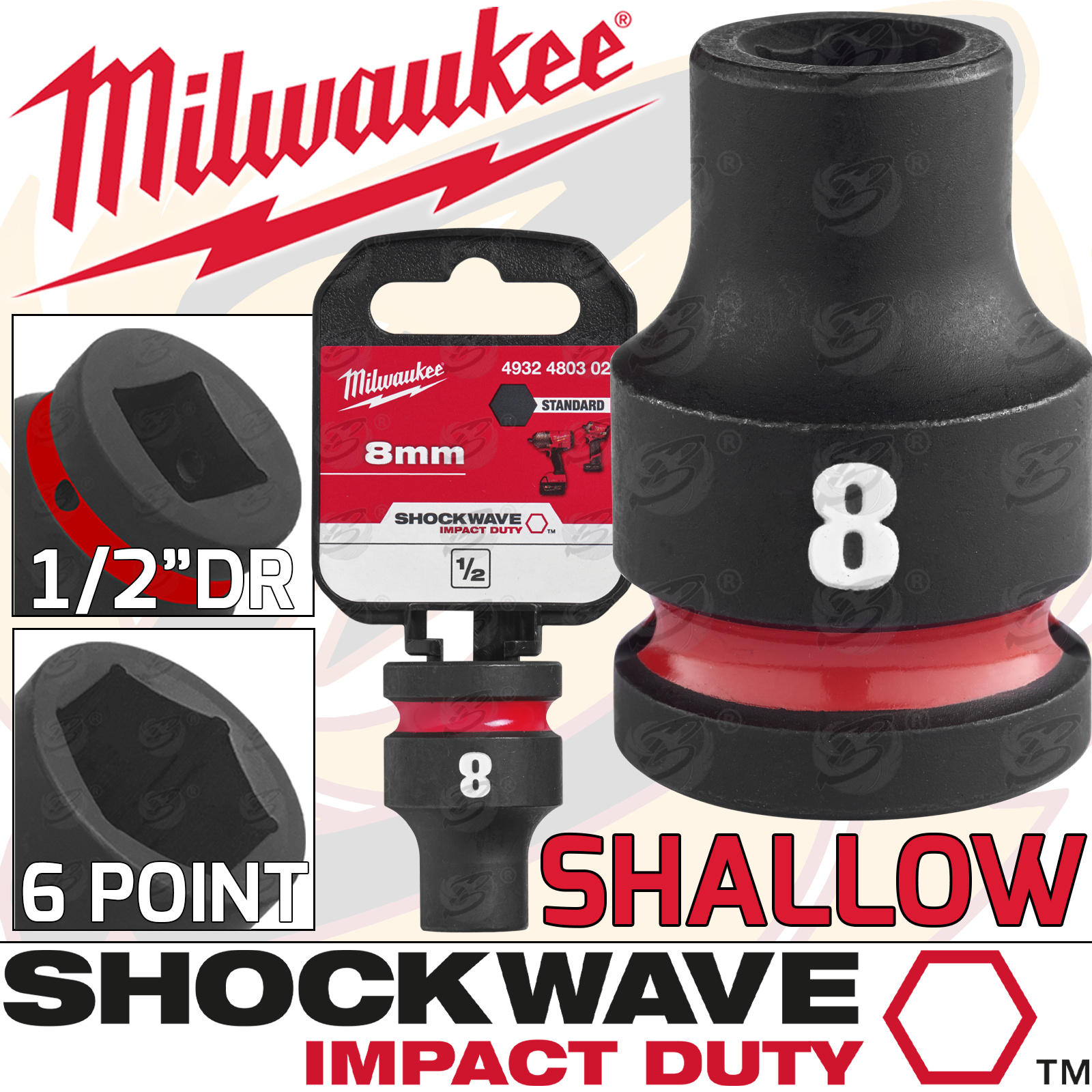 Milwaukee 8mm 1/2" Drive 6 Point Shallow Impact Socket ( Single ) ( 4932480302 )