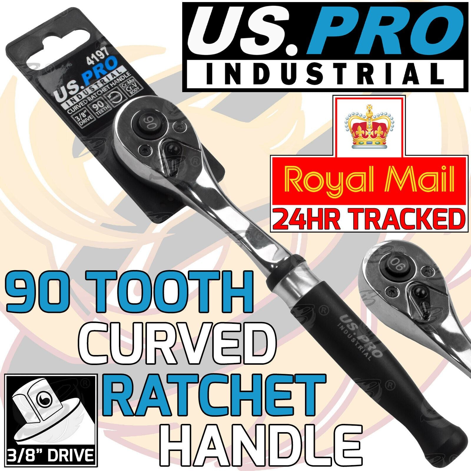 US PRO INDUSTRIAL 3/8" DRIVE 90 TOOTH CURVED RATCHET HANDLE