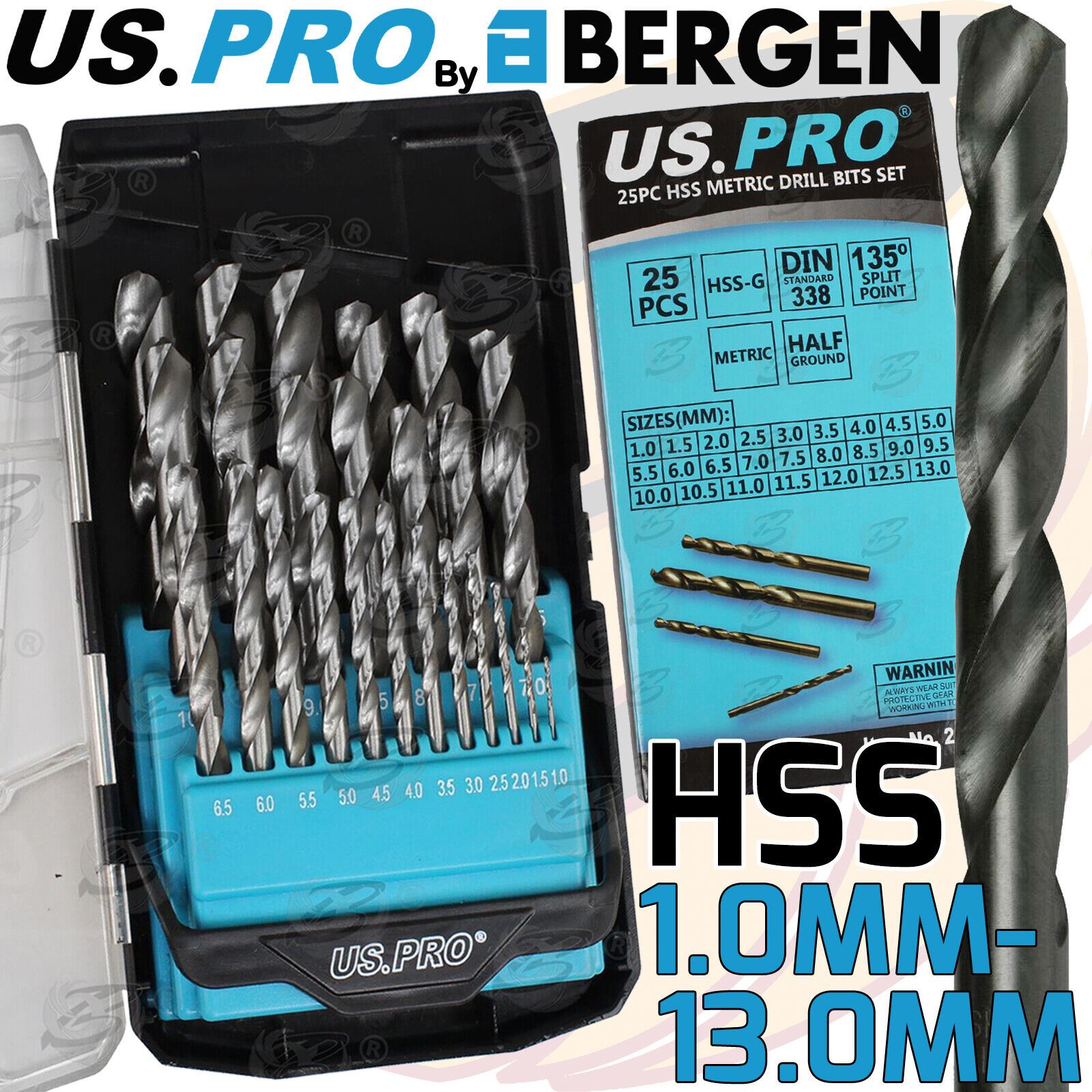 US Pro 25 Piece HSS Metal Drill Bits 1mm - 13mm ( 2697 )