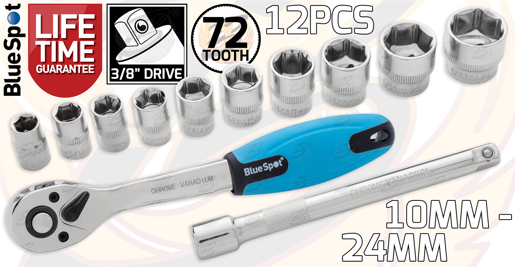 BlueSpot 12 Piece 3/8" Drive 6 Point Socket Set 10mm - 24mm ( 01502 )