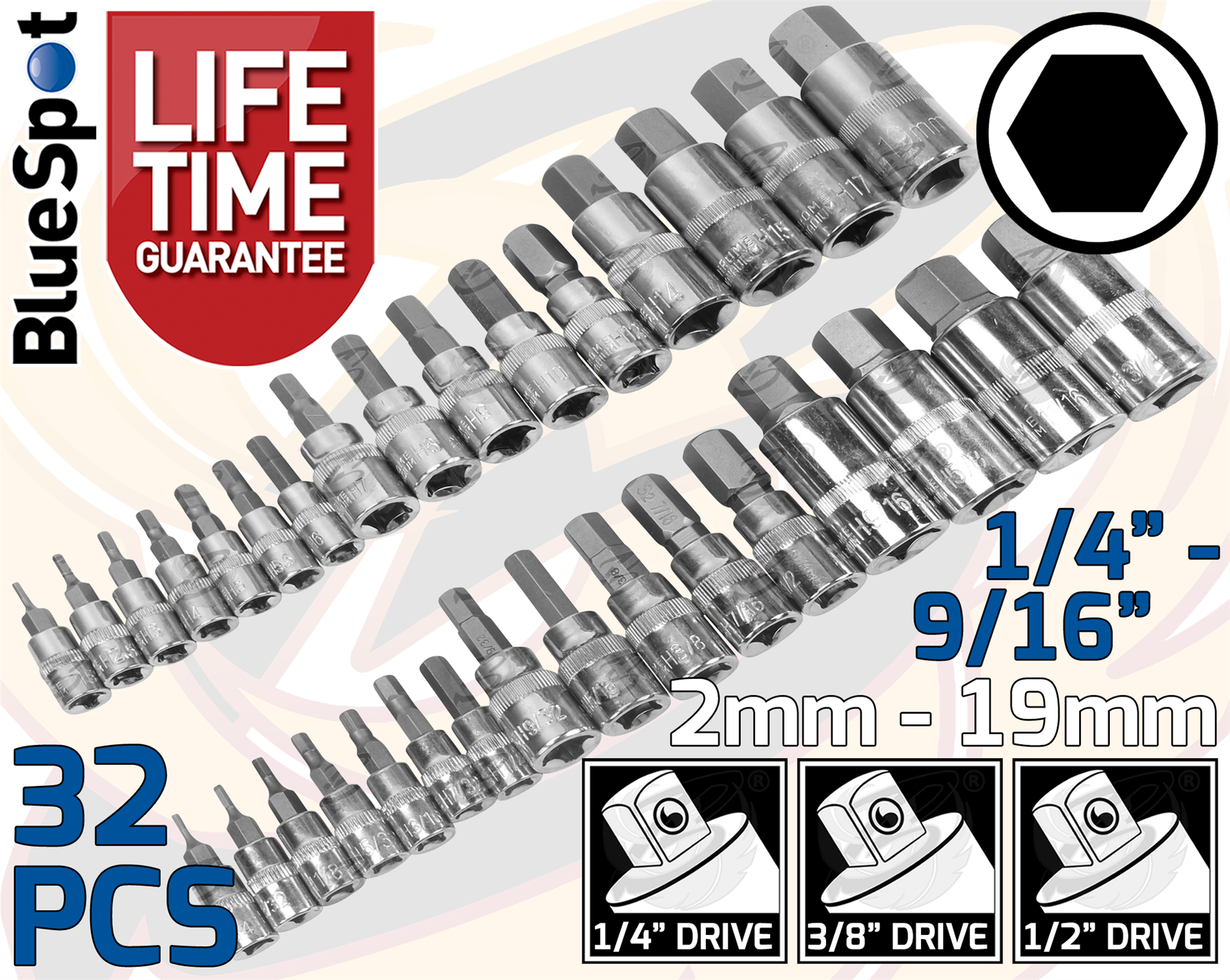 BlueSpot 32 Piece 1/4" & 3/8" & 1/2" Drive Metric & Imperial Hex Bit Sockets ( 2mm - 19mm ) ( 1/4" - 9/16" ) ( 01561 )